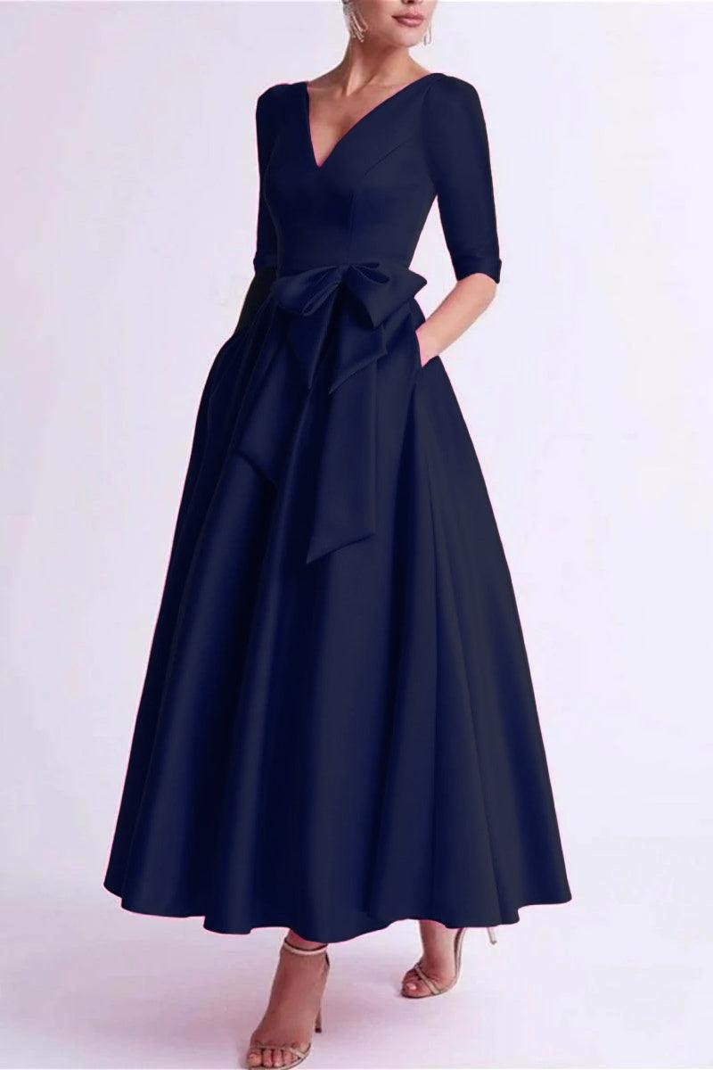 A Line V Neck 3/4 Length Sleeve Tea Length Satin Mother Dresses CM0344 - Dark Navy - COCOMELODY