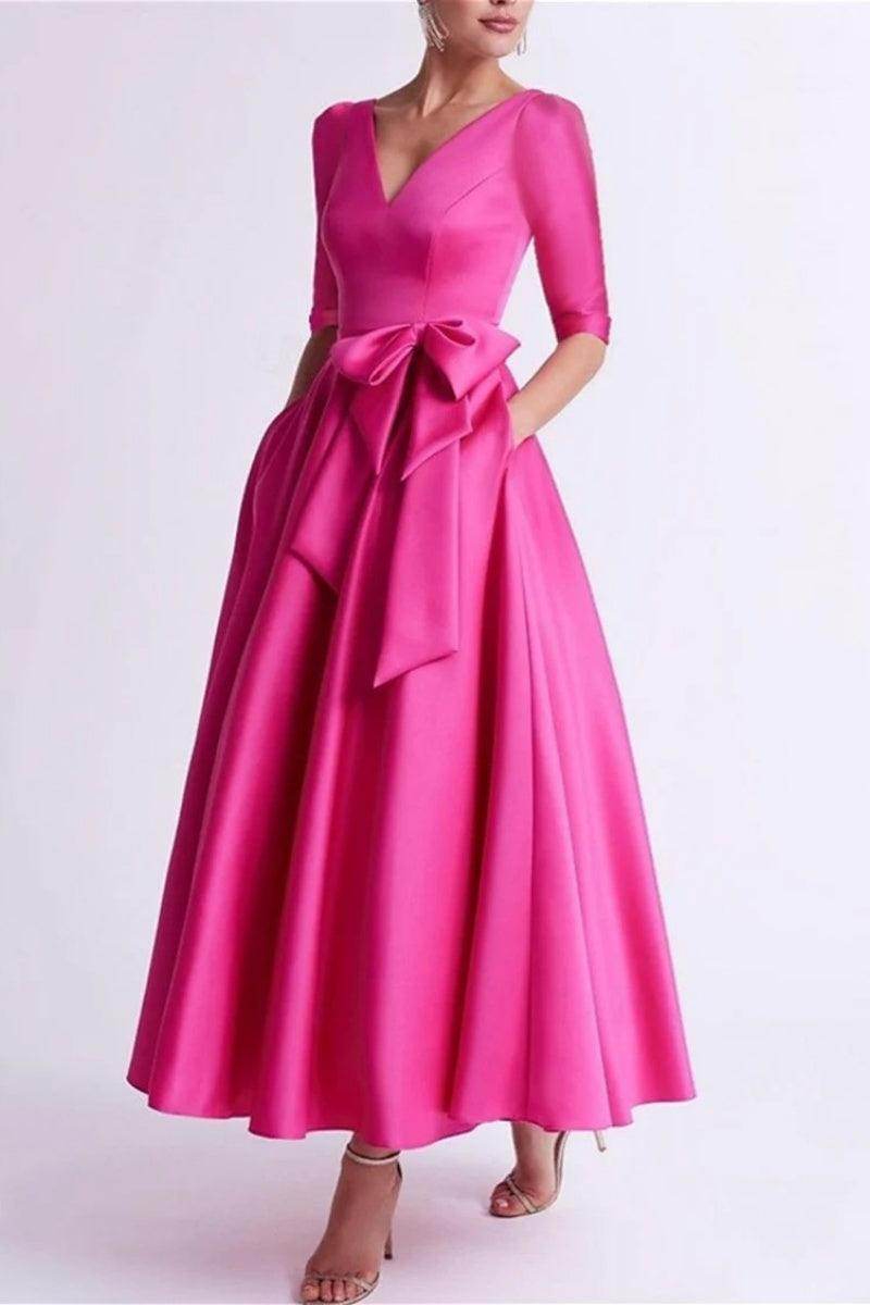 A-Line Tea Length Satin Mother of the Bride Dresses COCOMELODY CM0344, Hot Fuchsia A-Line Tea Length Satin Mother of the Bride Dresses COCOMELODY CM0344, Hot Fuchsia