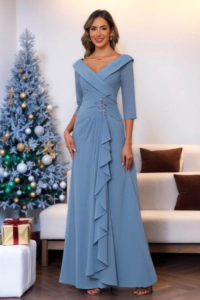 V Neck 3/4 Length Sleeves Floor Length Unique Mother Dresses CM0345 - COCOMELODY