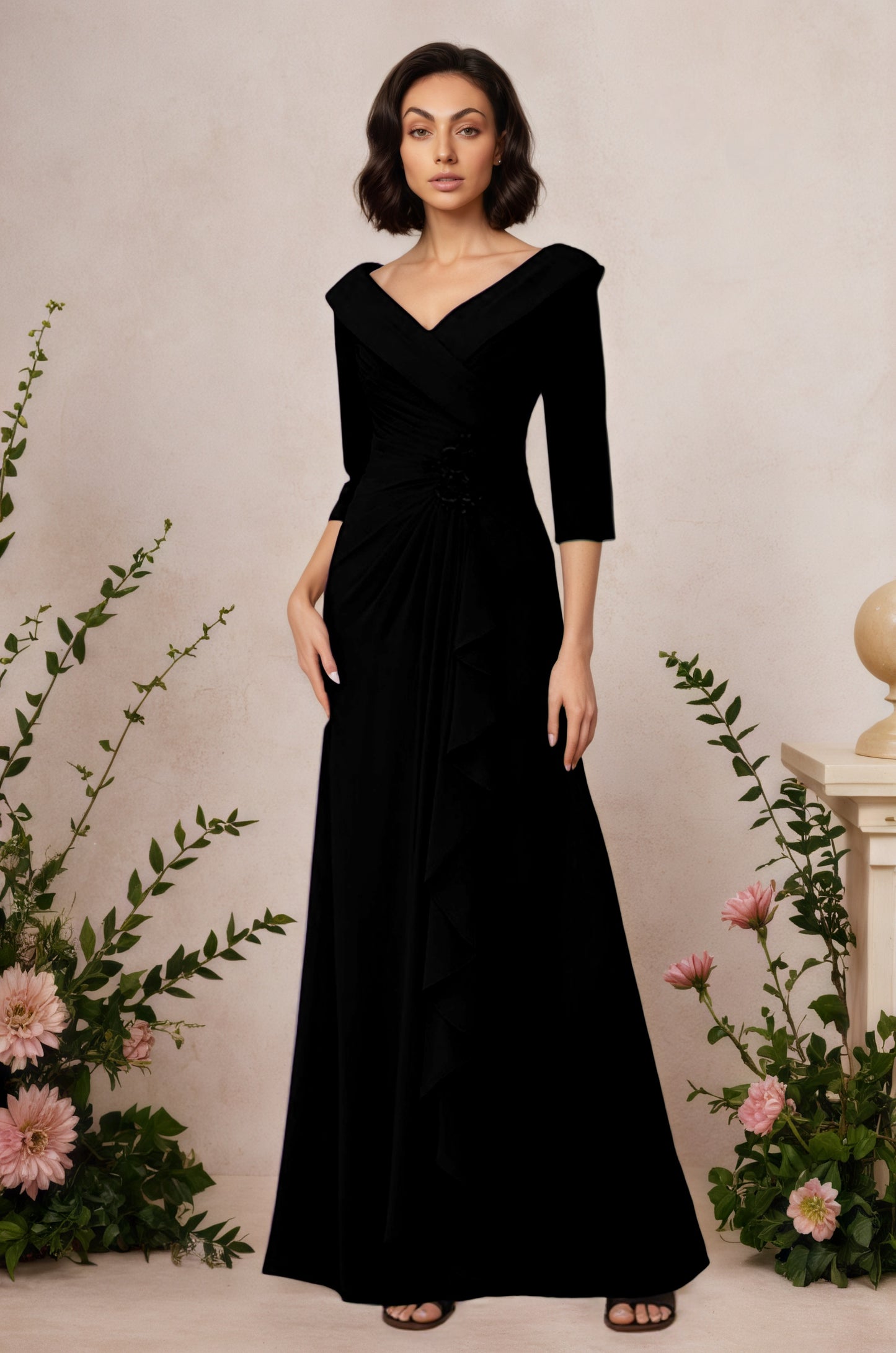 V Neck 3/4 Length Sleeves Floor Length Unique Mother Dresses CM0345