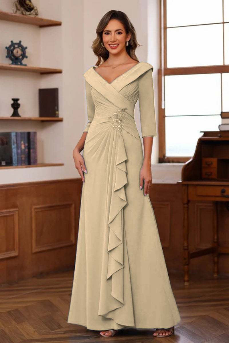 V Neck 3/4 Length Sleeves Floor Length Unique Mother Dresses CM0345