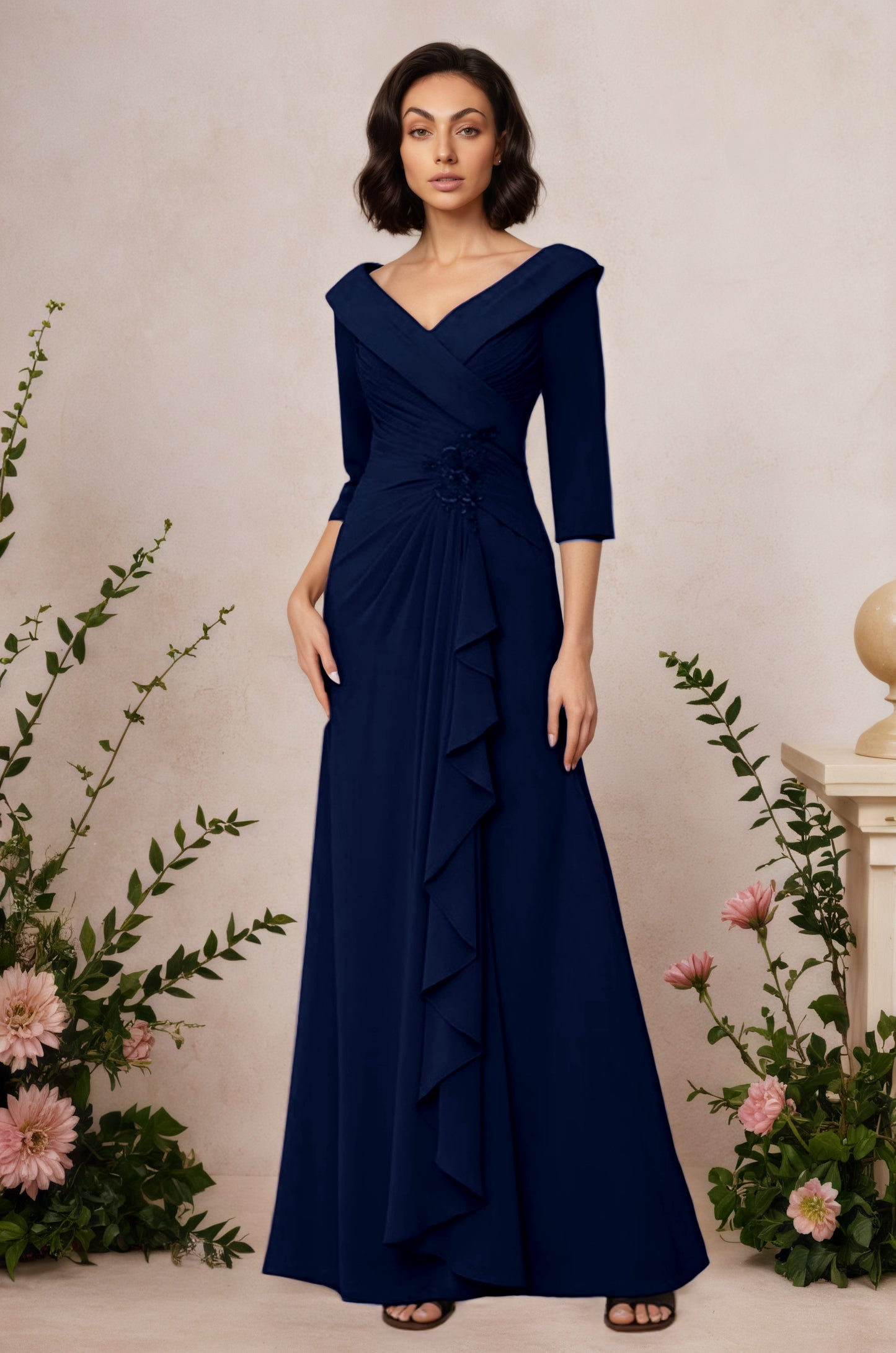 V Neck 3/4 Length Sleeves Floor Length Unique Mother Dresses CM0345