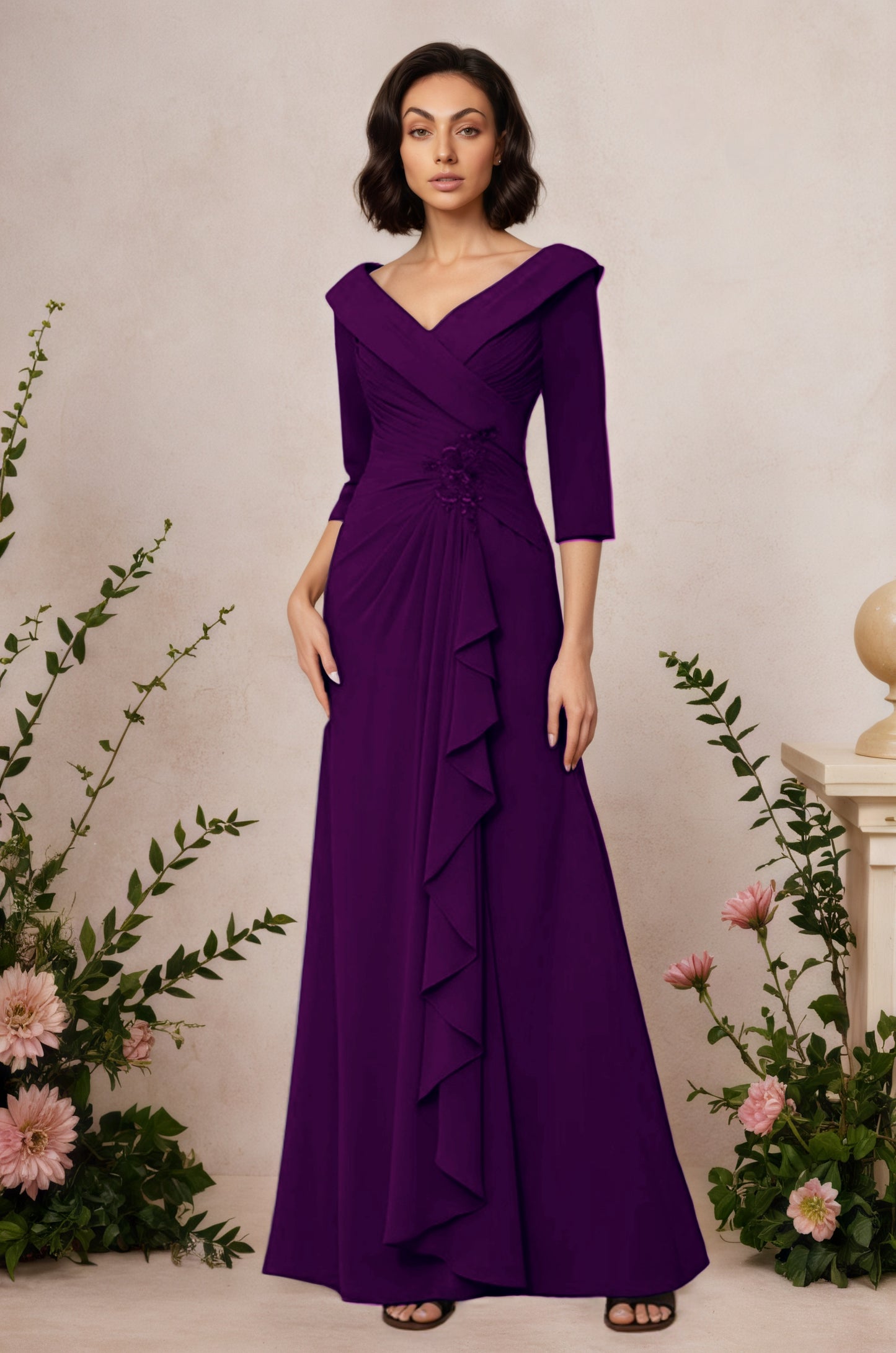V Neck 3/4 Length Sleeves Floor Length Unique Mother Dresses CM0345