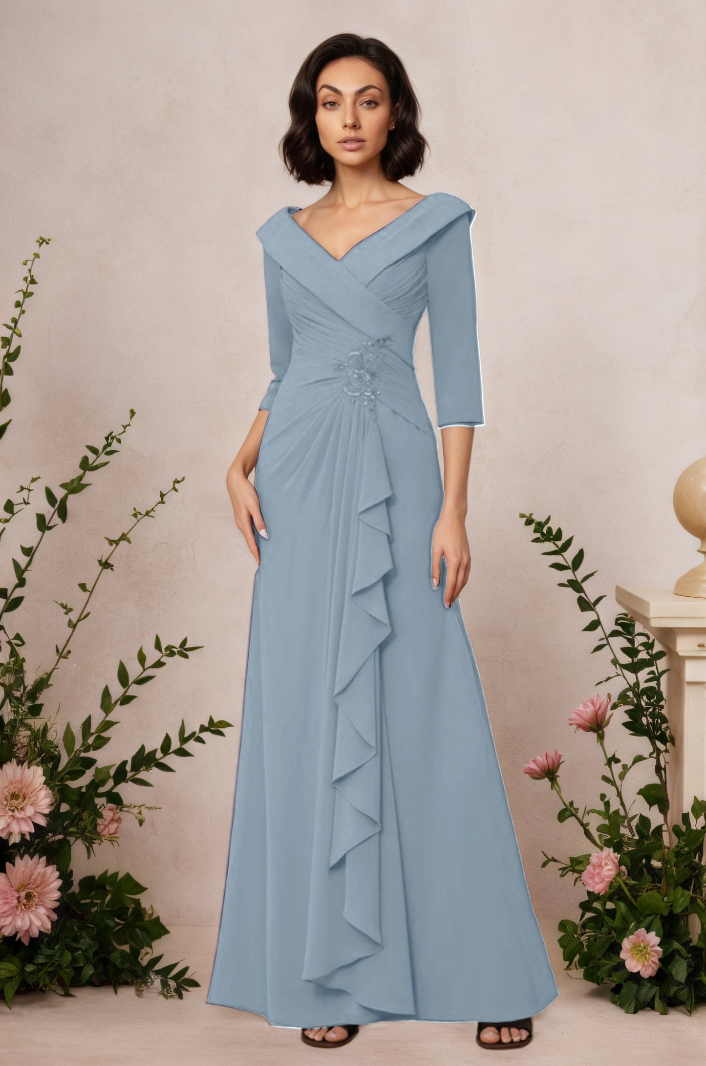 V Neck 3/4 Length Sleeves Floor Length Unique Mother Dresses CM0345