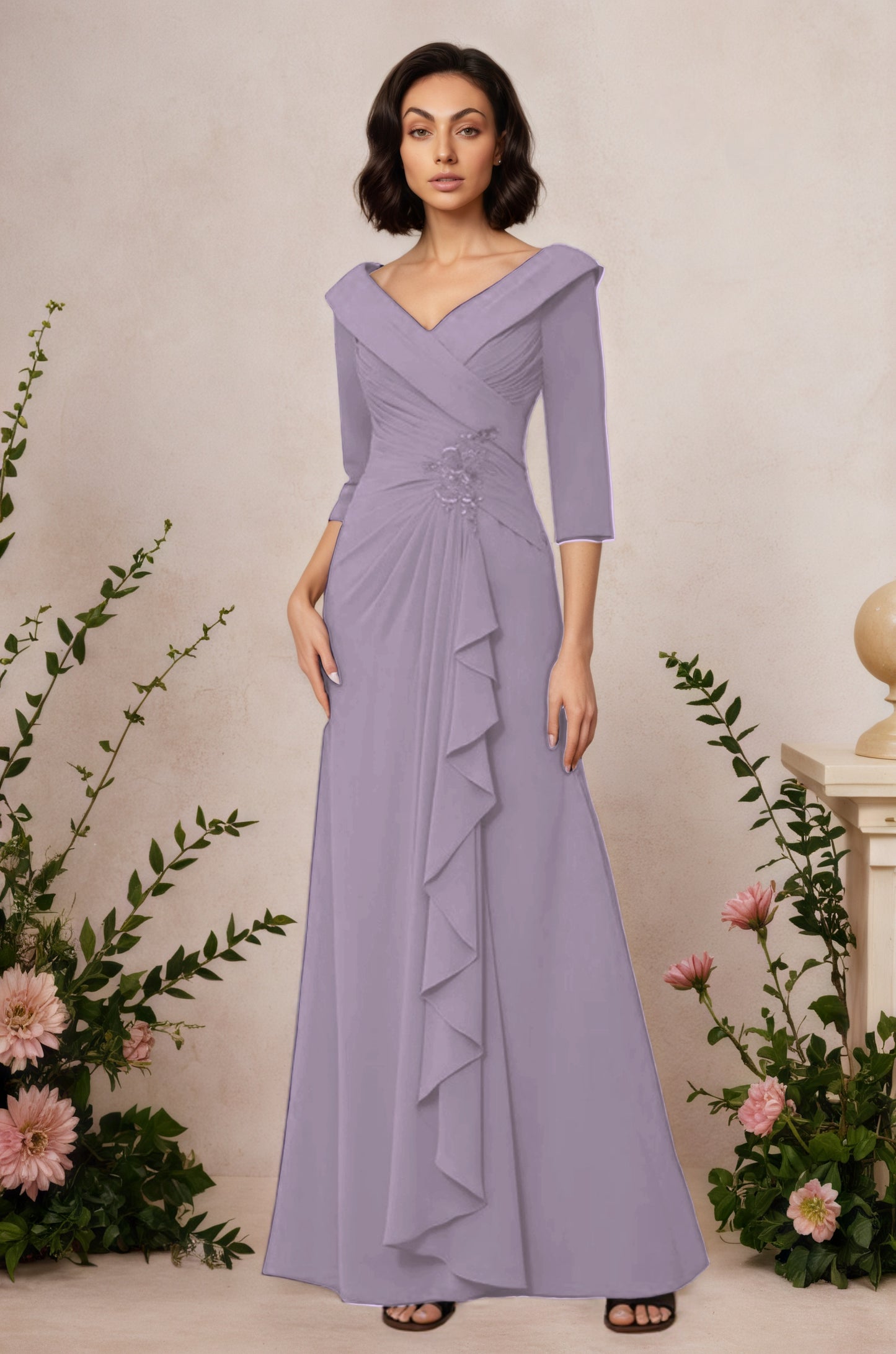 V Neck 3/4 Length Sleeves Floor Length Unique Mother Dresses CM0345