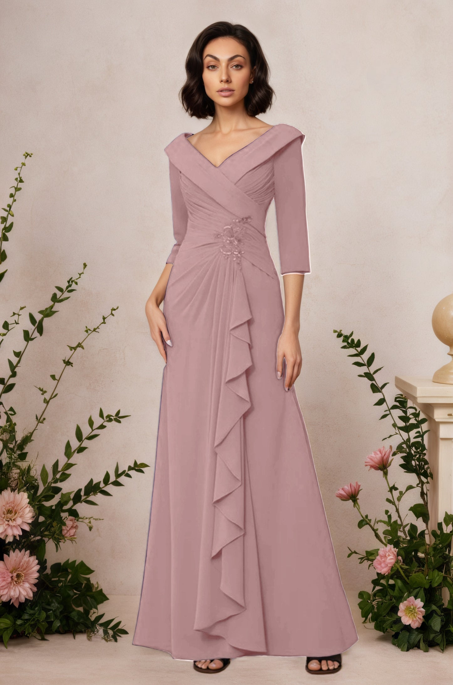 V Neck 3/4 Length Sleeves Floor Length Unique Mother Dresses CM0345