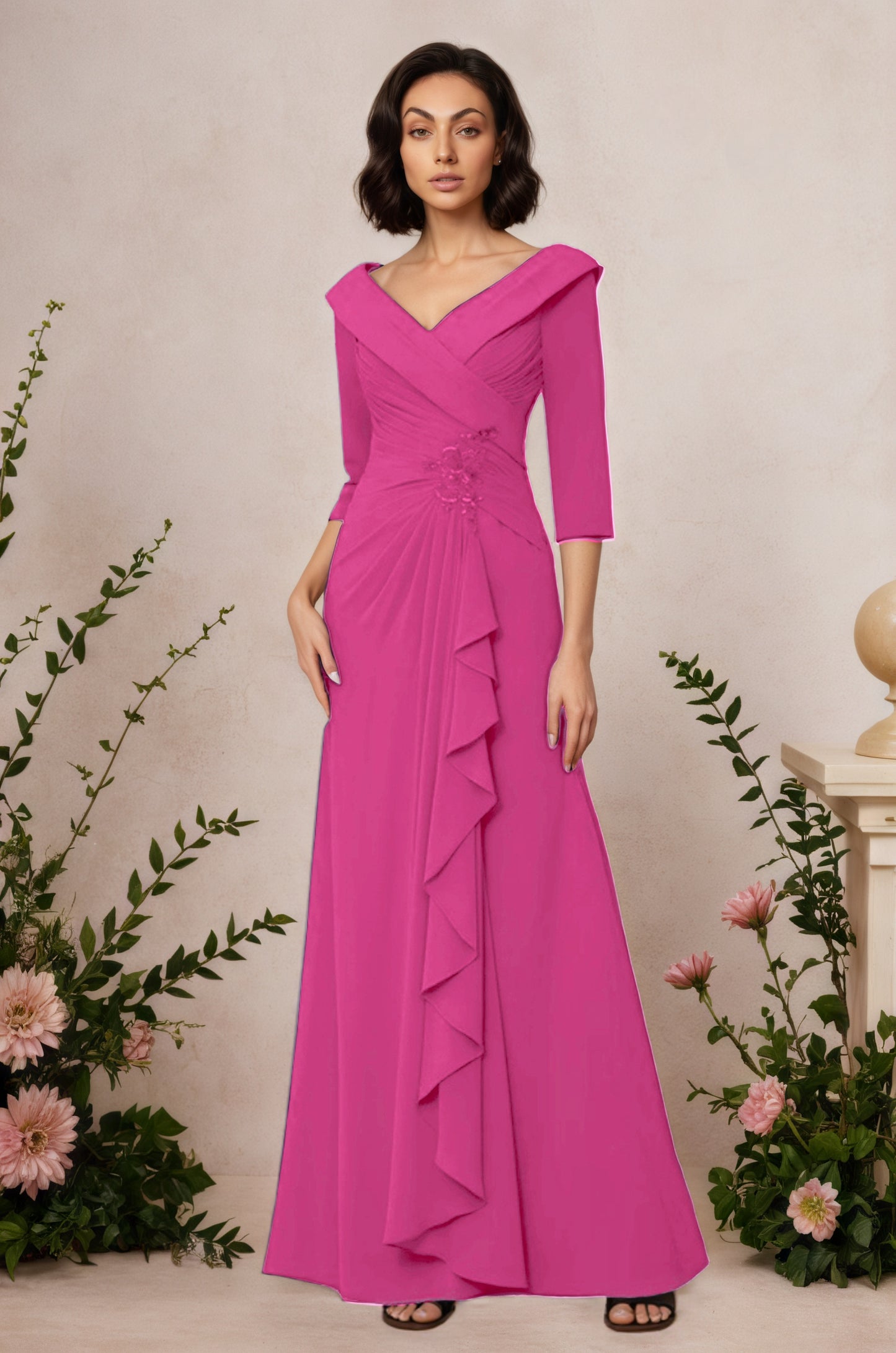 V Neck 3/4 Length Sleeves Floor Length Unique Mother Dresses CM0345