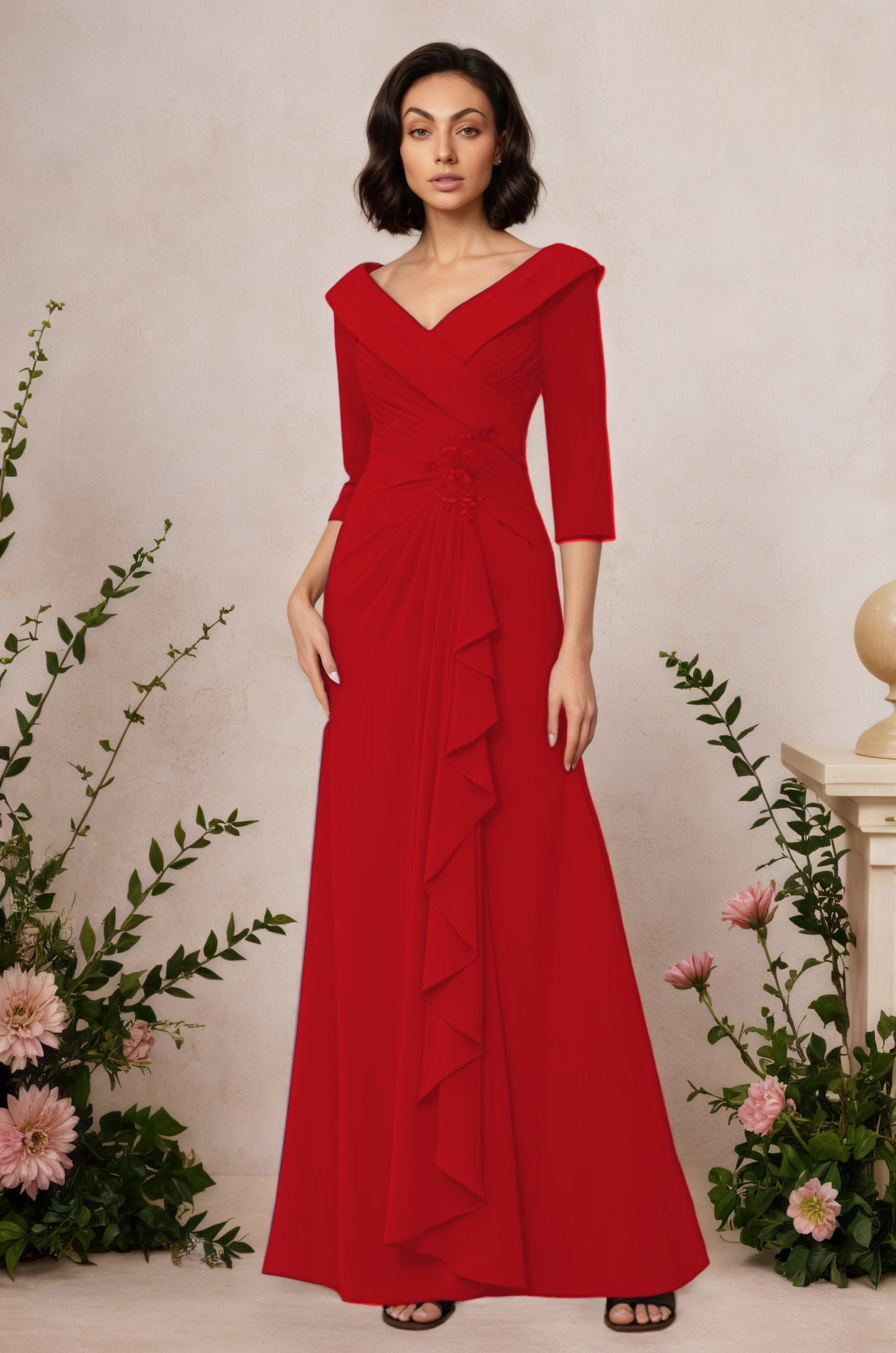 V Neck 3/4 Length Sleeves Floor Length Unique Mother Dresses CM0345