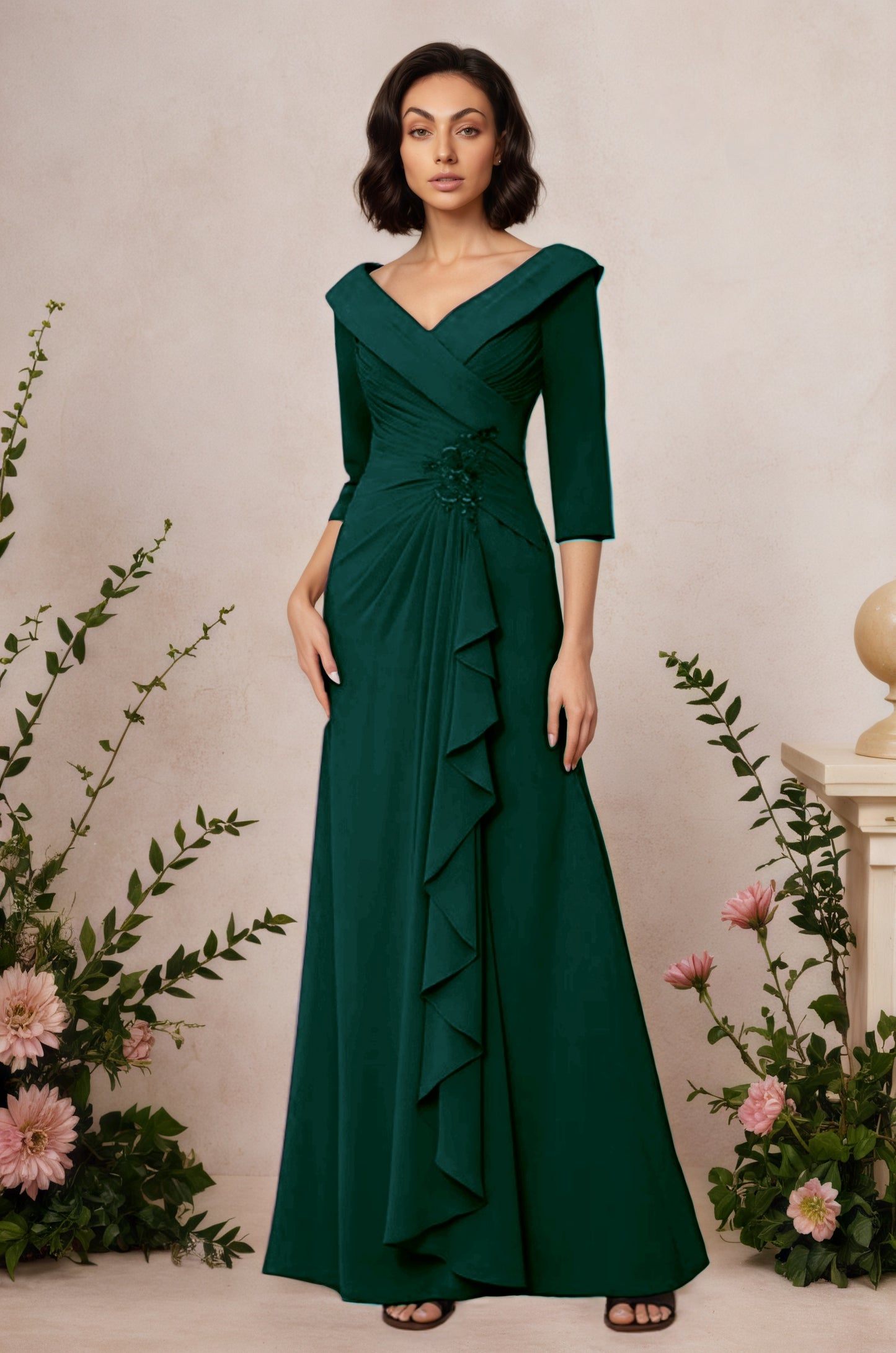 V Neck 3/4 Length Sleeves Floor Length Unique Mother Dresses CM0345