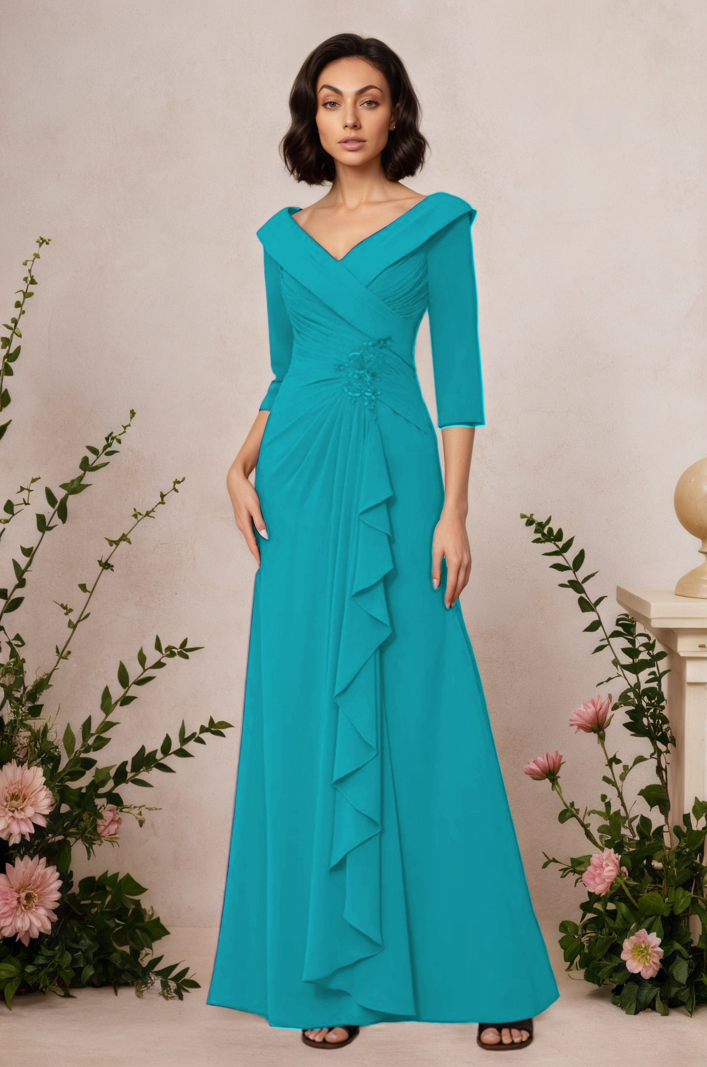 V Neck 3/4 Length Sleeves Floor Length Unique Mother Dresses CM0345