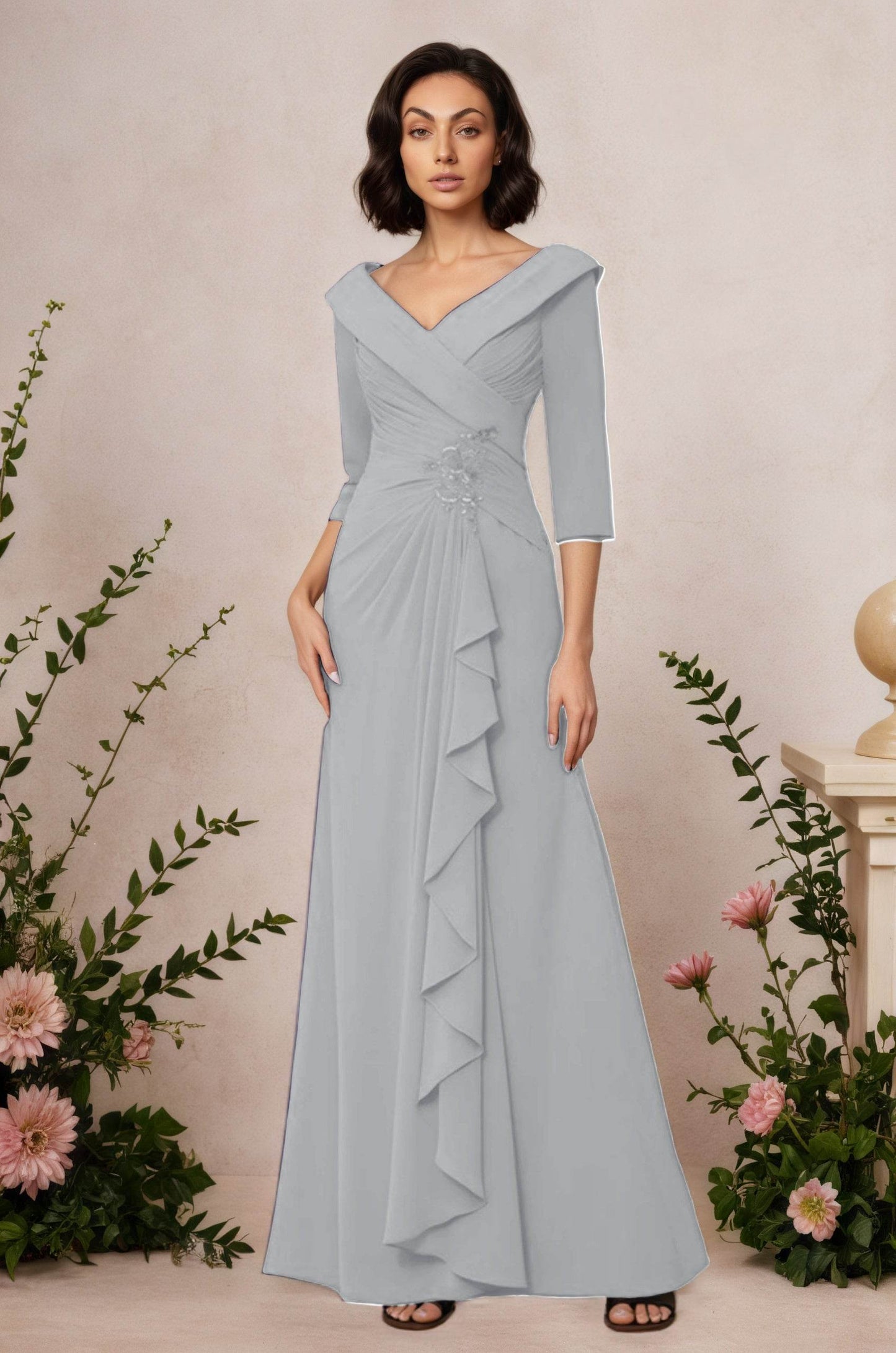 V Neck 3/4 Length Sleeves Floor Length Unique Mother Dresses CM0345