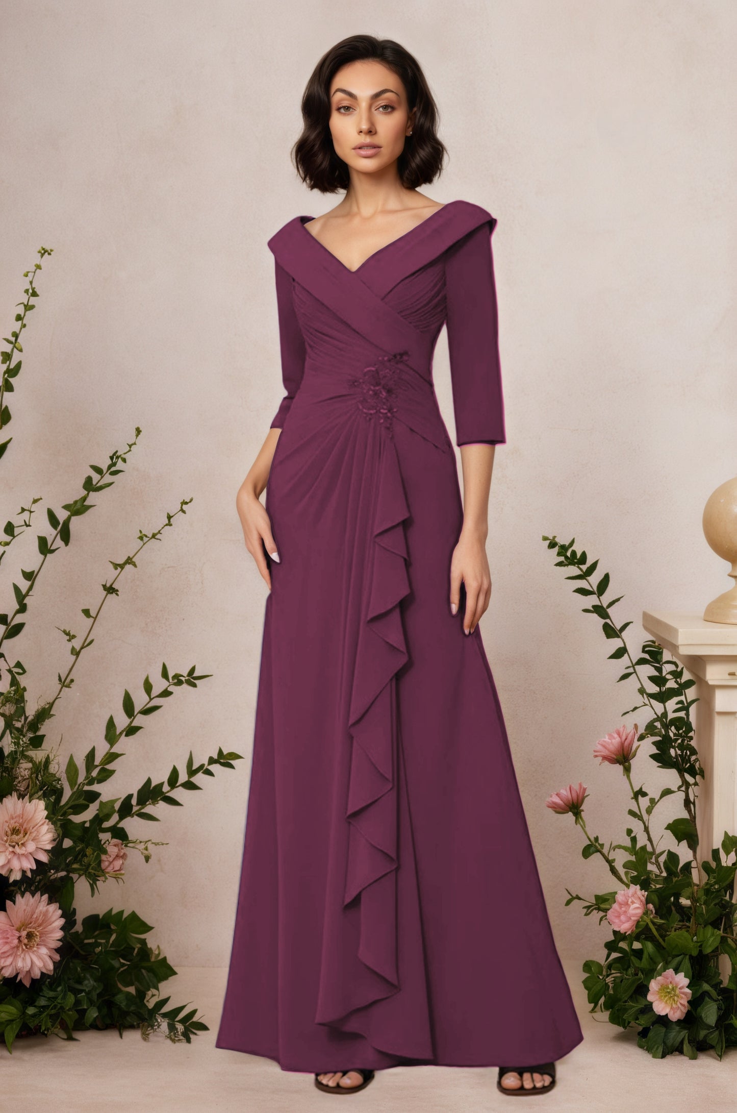 V Neck 3/4 Length Sleeves Floor Length Unique Mother Dresses CM0345