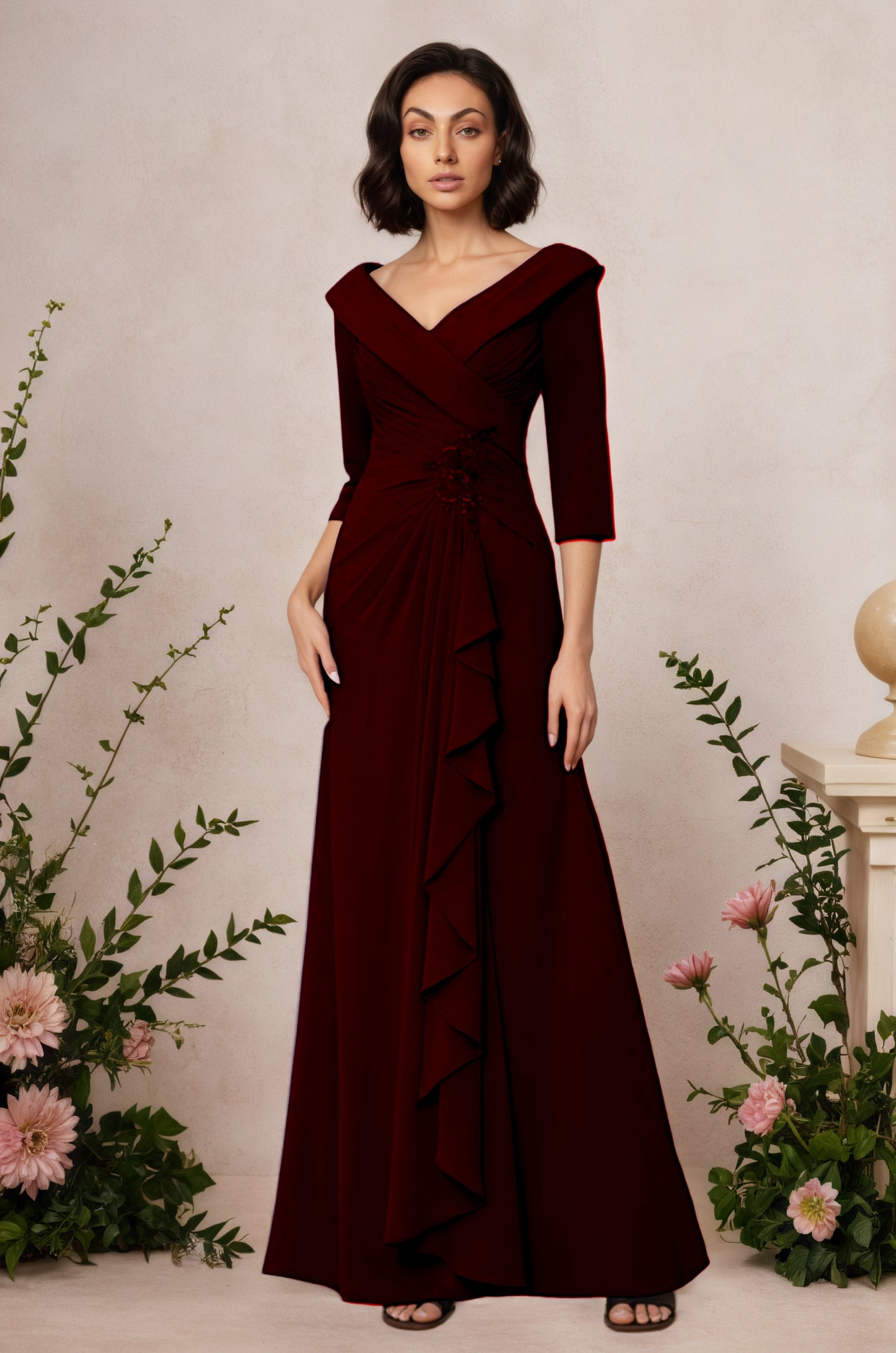 V Neck 3/4 Length Sleeves Floor Length Unique Mother Dresses CM0345