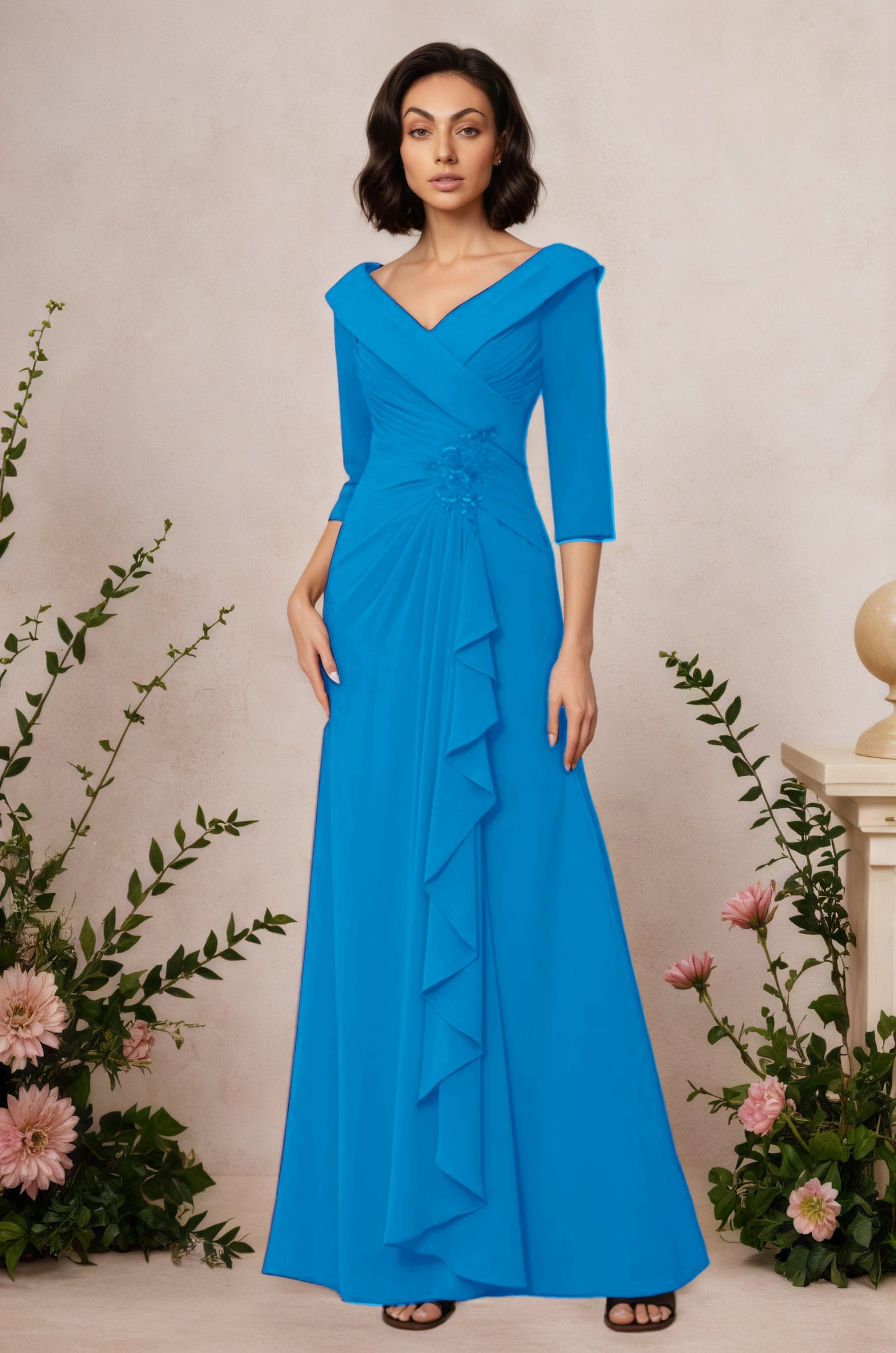 V Neck 3/4 Length Sleeves Floor Length Unique Mother Dresses CM0345
