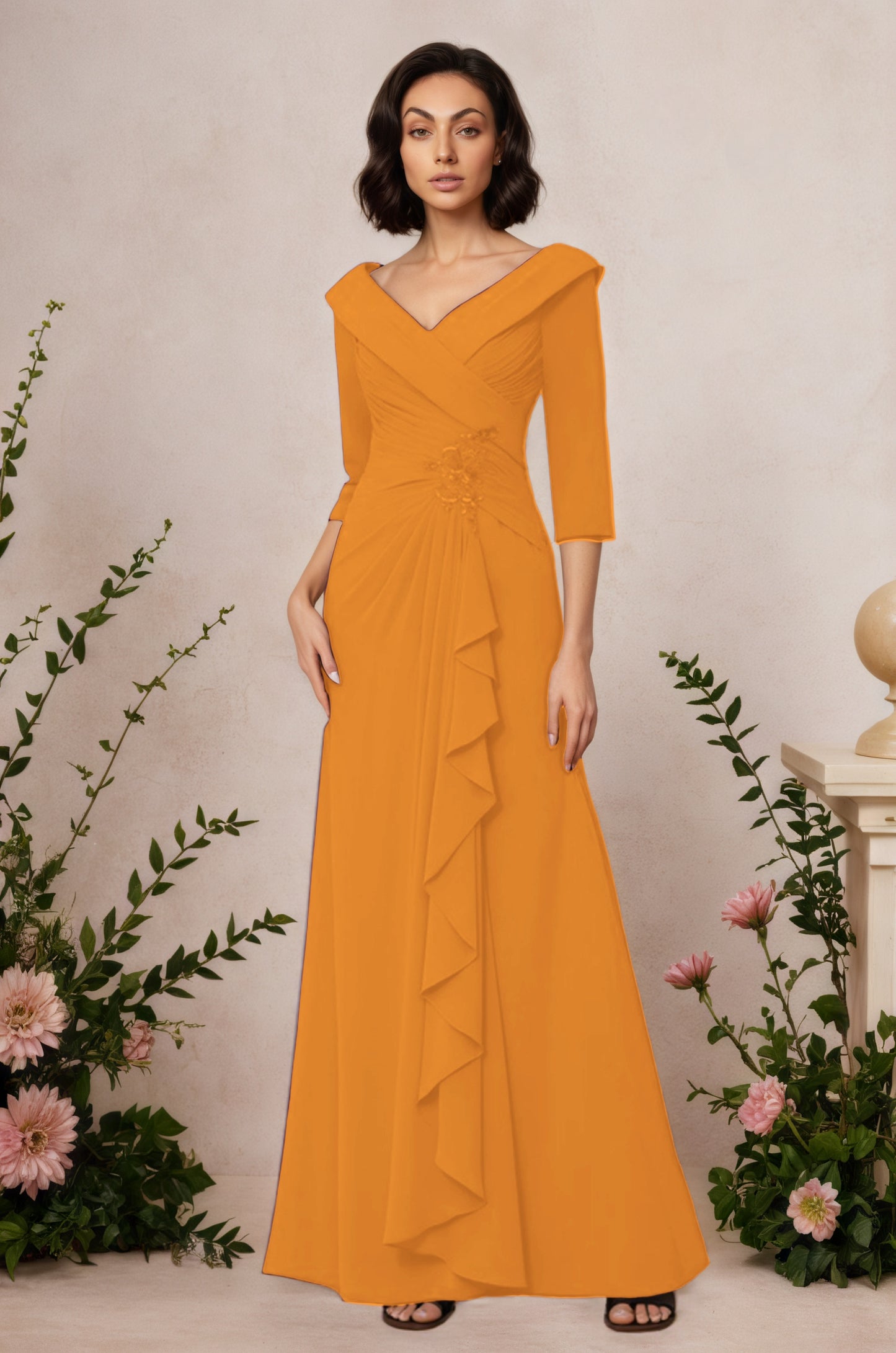 V Neck 3/4 Length Sleeves Floor Length Unique Mother Dresses CM0345