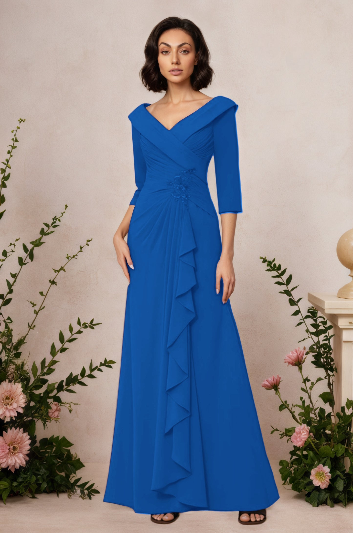 V Neck 3/4 Length Sleeves Floor Length Unique Mother Dresses CM0345