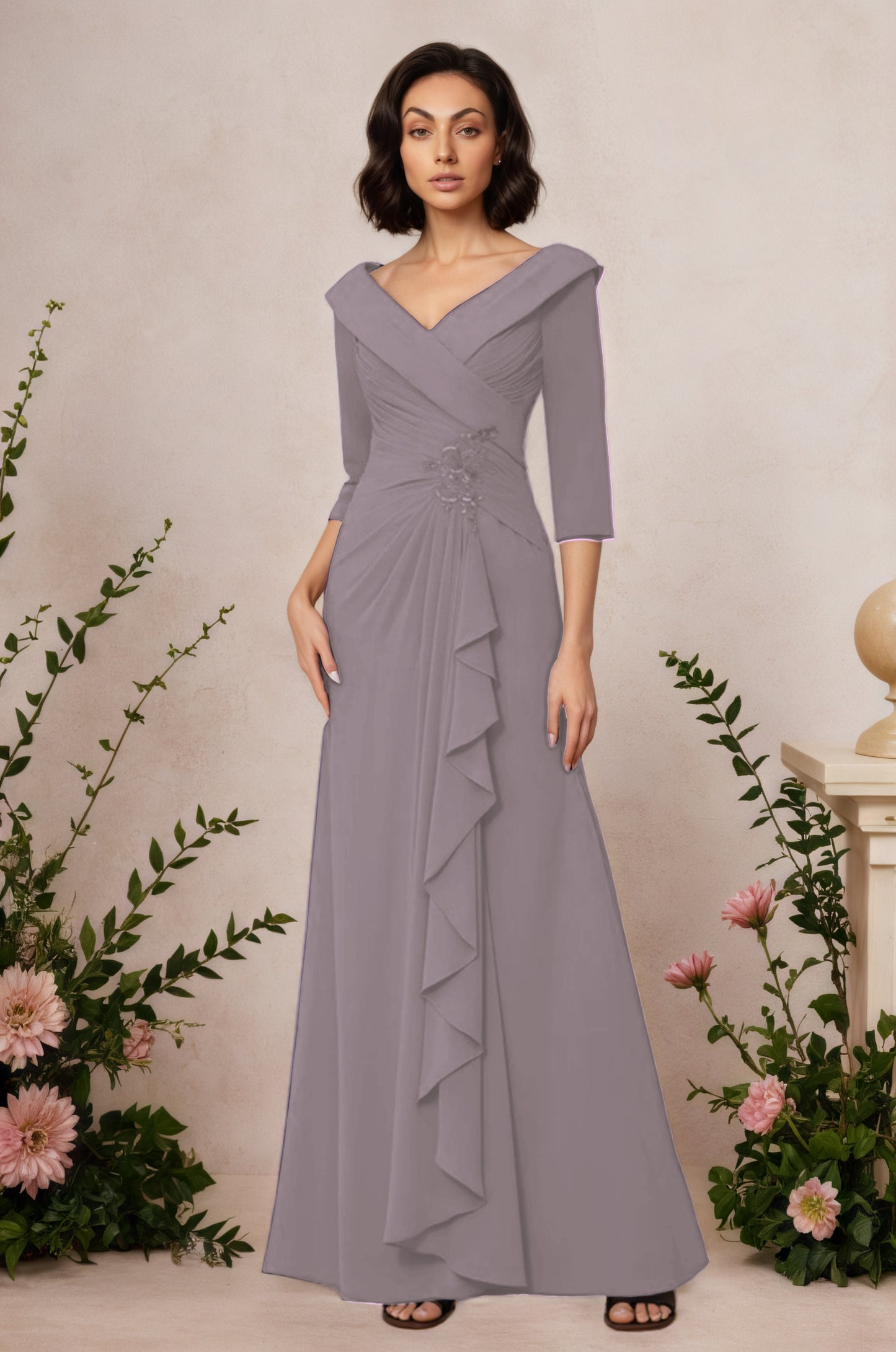 V Neck 3/4 Length Sleeves Floor Length Unique Mother Dresses CM0345