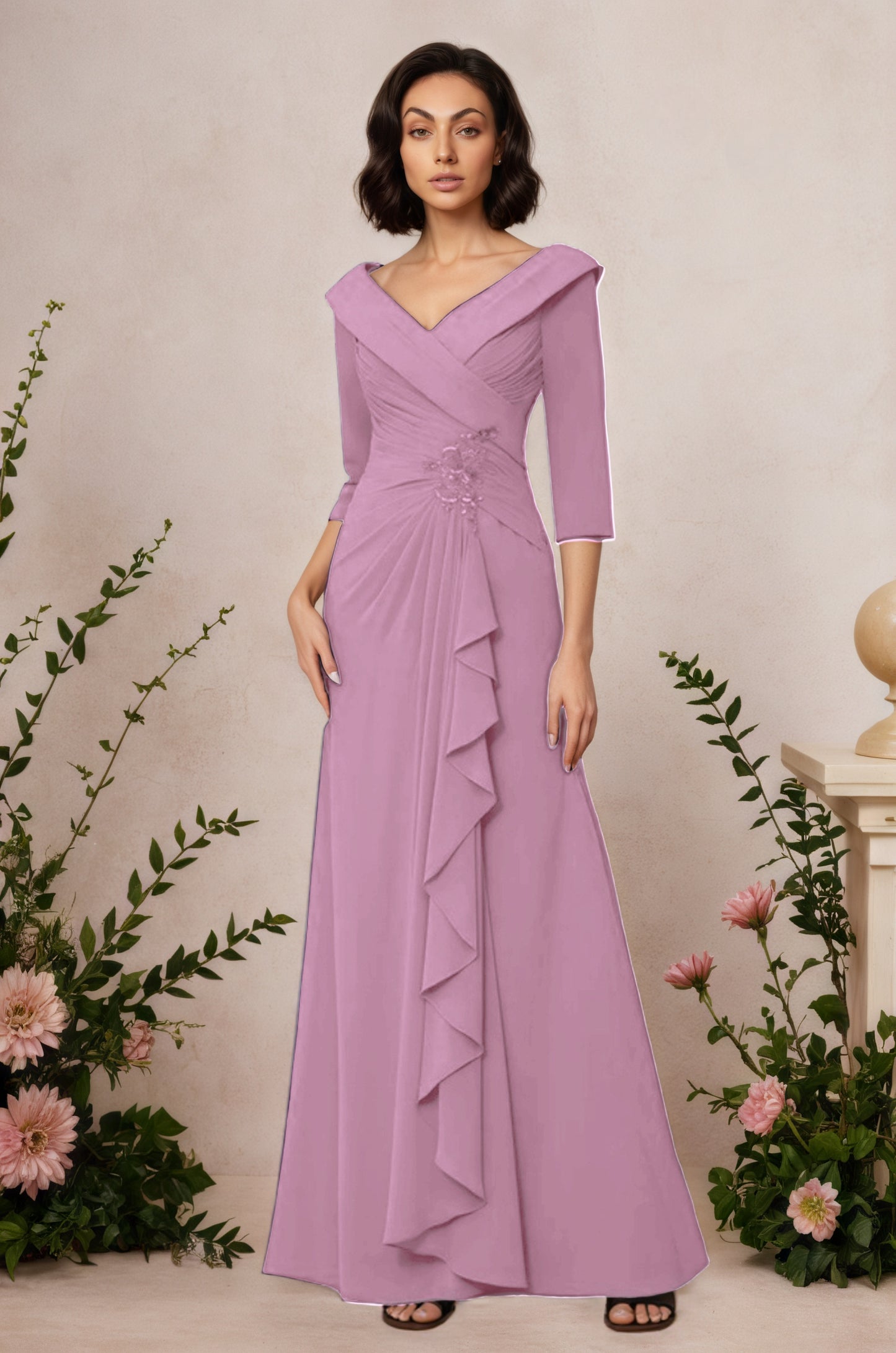V Neck 3/4 Length Sleeves Floor Length Unique Mother Dresses CM0345