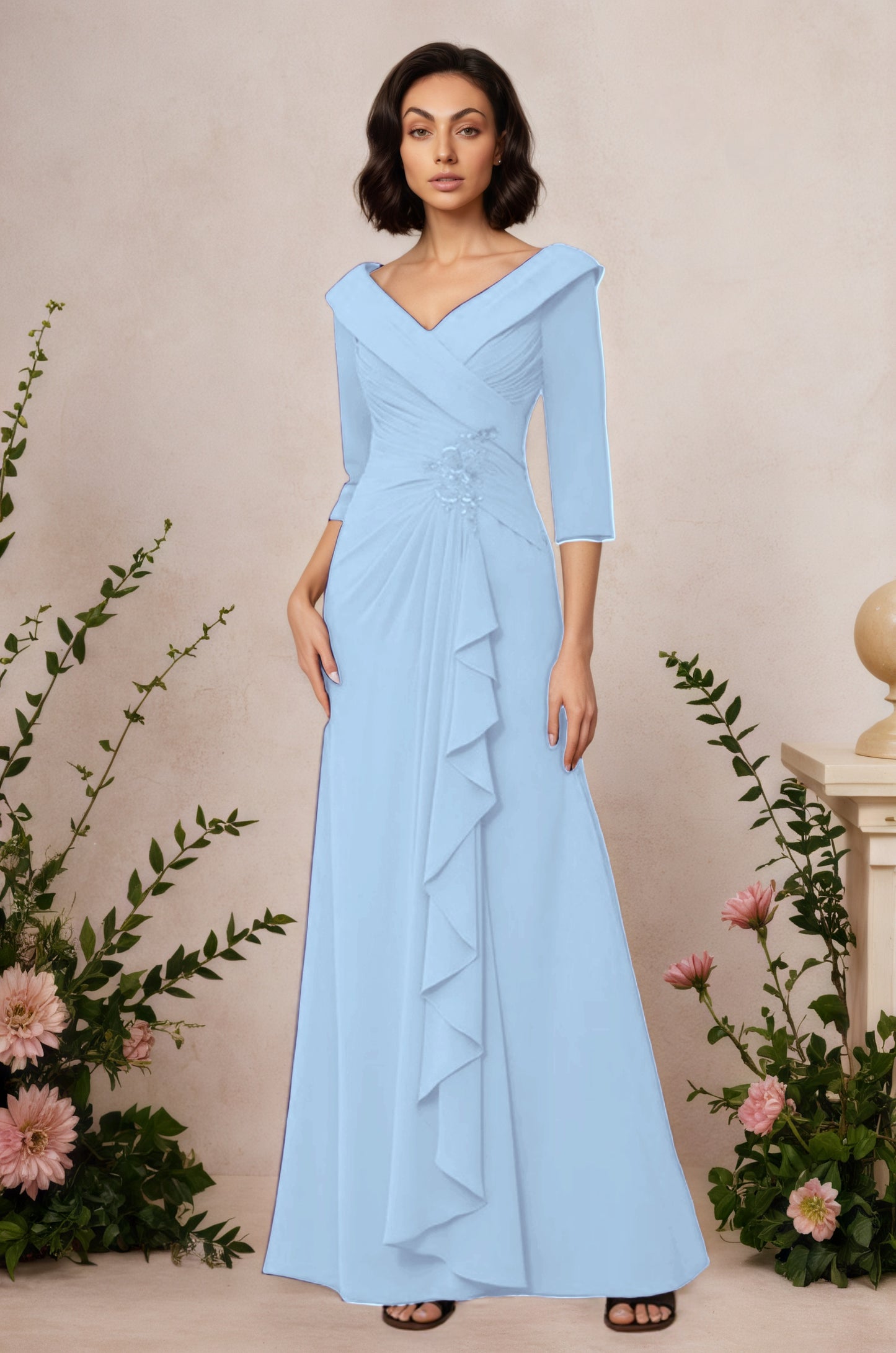 V Neck 3/4 Length Sleeves Floor Length Unique Mother Dresses CM0345