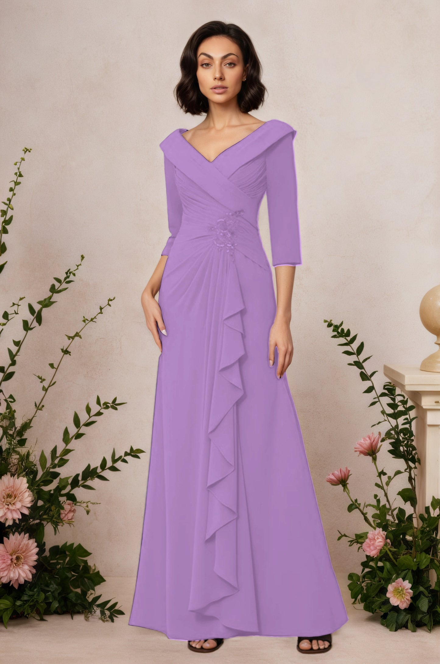 V Neck 3/4 Length Sleeves Floor Length Unique Mother Dresses CM0345