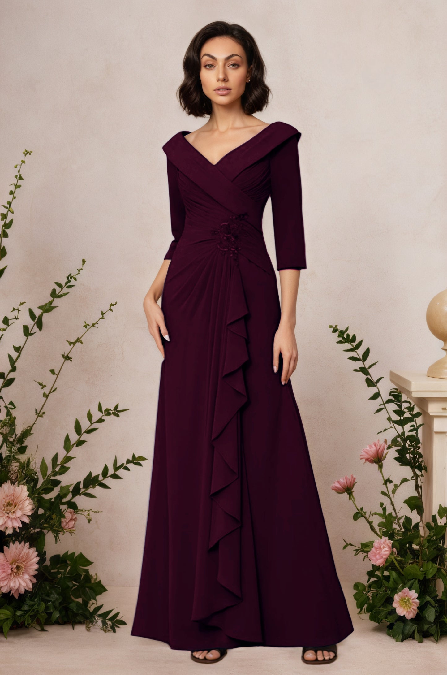 V Neck 3/4 Length Sleeves Floor Length Unique Mother Dresses CM0345