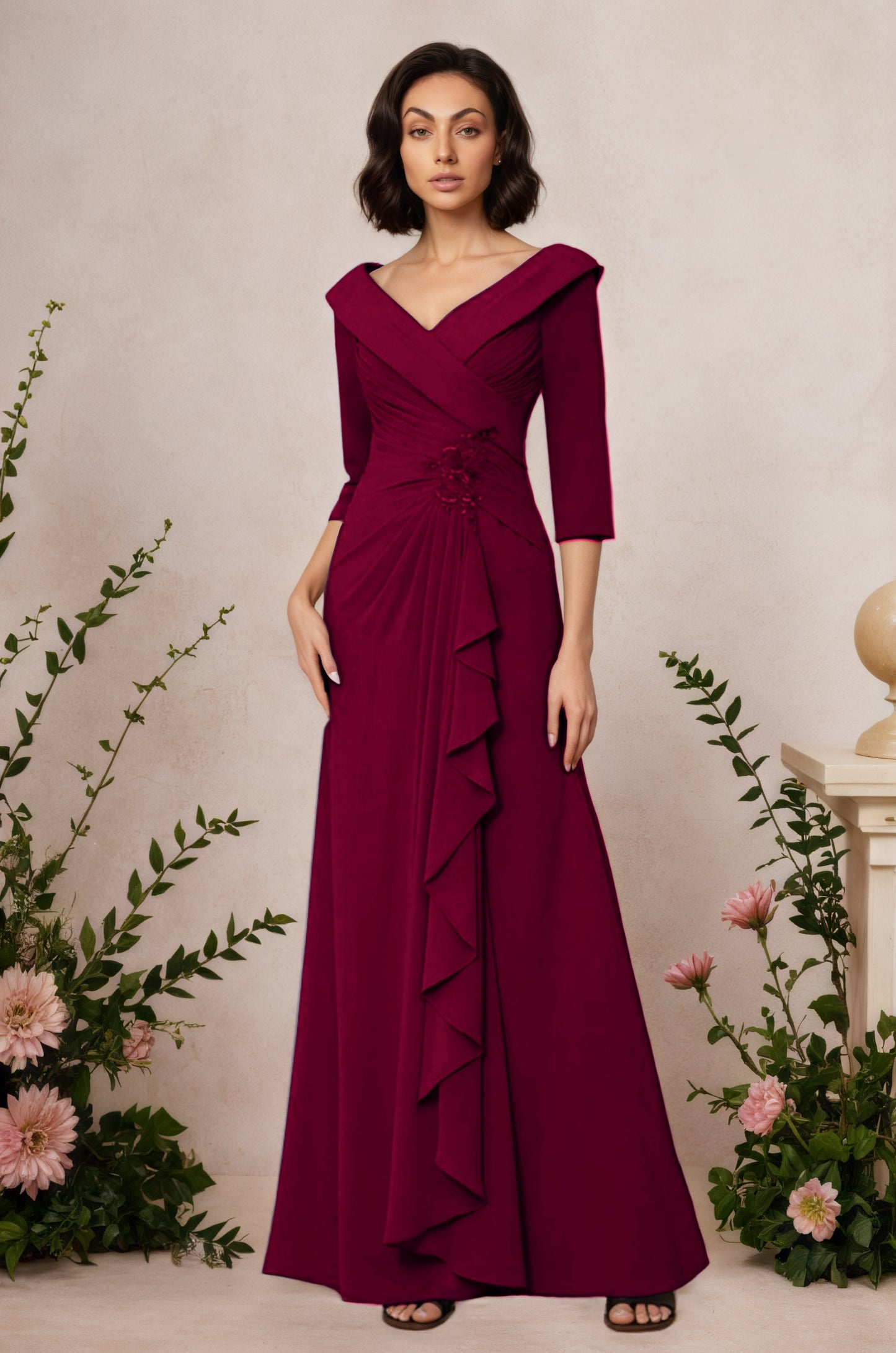 V Neck 3/4 Length Sleeves Floor Length Unique Mother Dresses CM0345