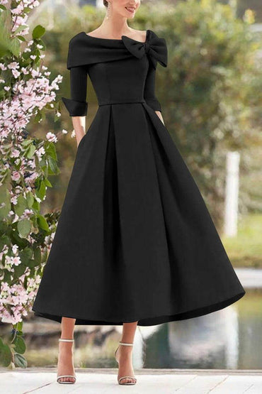 A Line Cowl Neck 3/4 Sleeves Tea Length Elegant Mother Dresses CM0348 - COCOMELODY