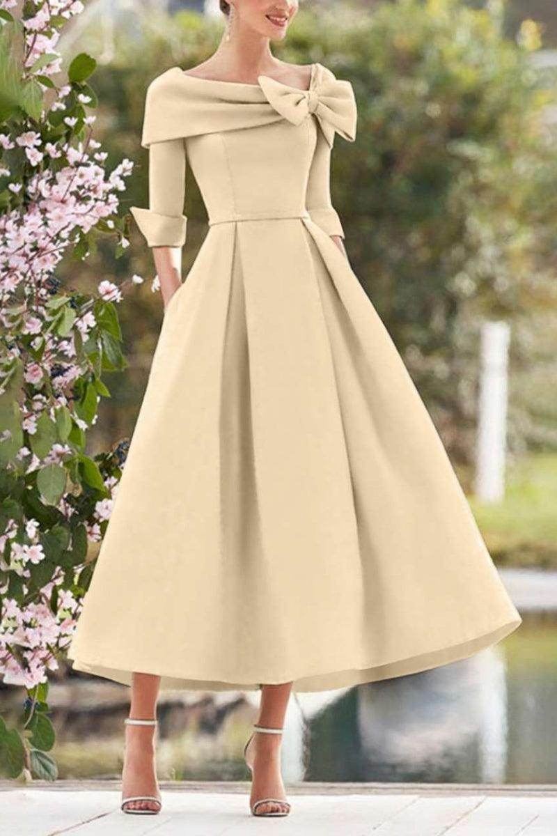 Mother of the Bride Dress Satin A-Line Tea Length Cowl Neck Bow Formal Gown with Bow COCOMELODY CM0348, Mauve Mother of the Bride Dress Satin A-Line Tea Length Cowl Neck Bow Formal Gown with Bow COCOMELODY CM0348, Mauve