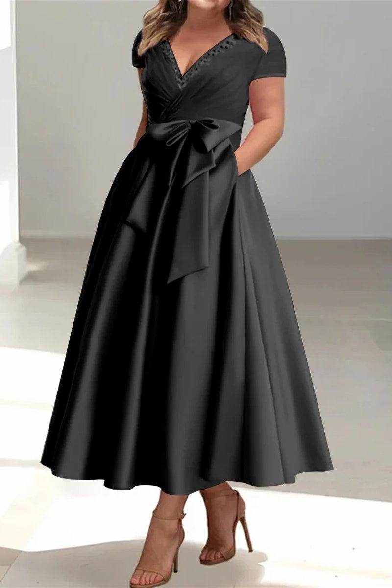 plus size black wedding guest dresses SCOMCHIC Womens Formal Dress neck with a pleated chest design Plus Size Wedding Guest Dresses