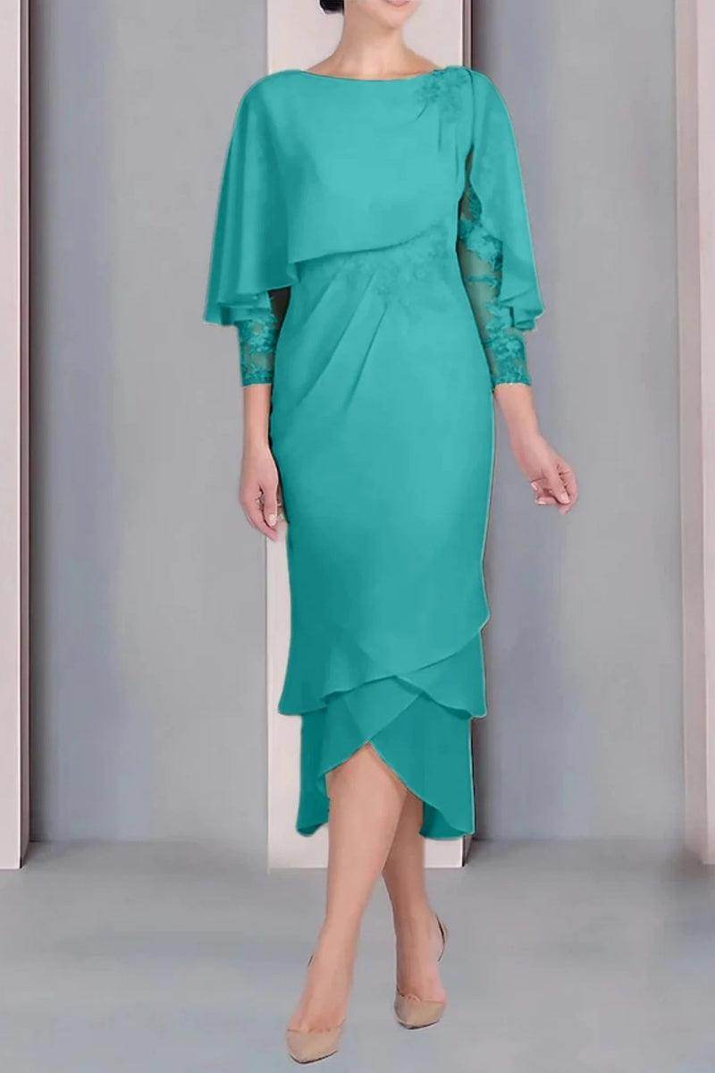Sheath Column Scoop Short Sleeves Tea Length Mother Dresses CM0359 - COCOMELODY