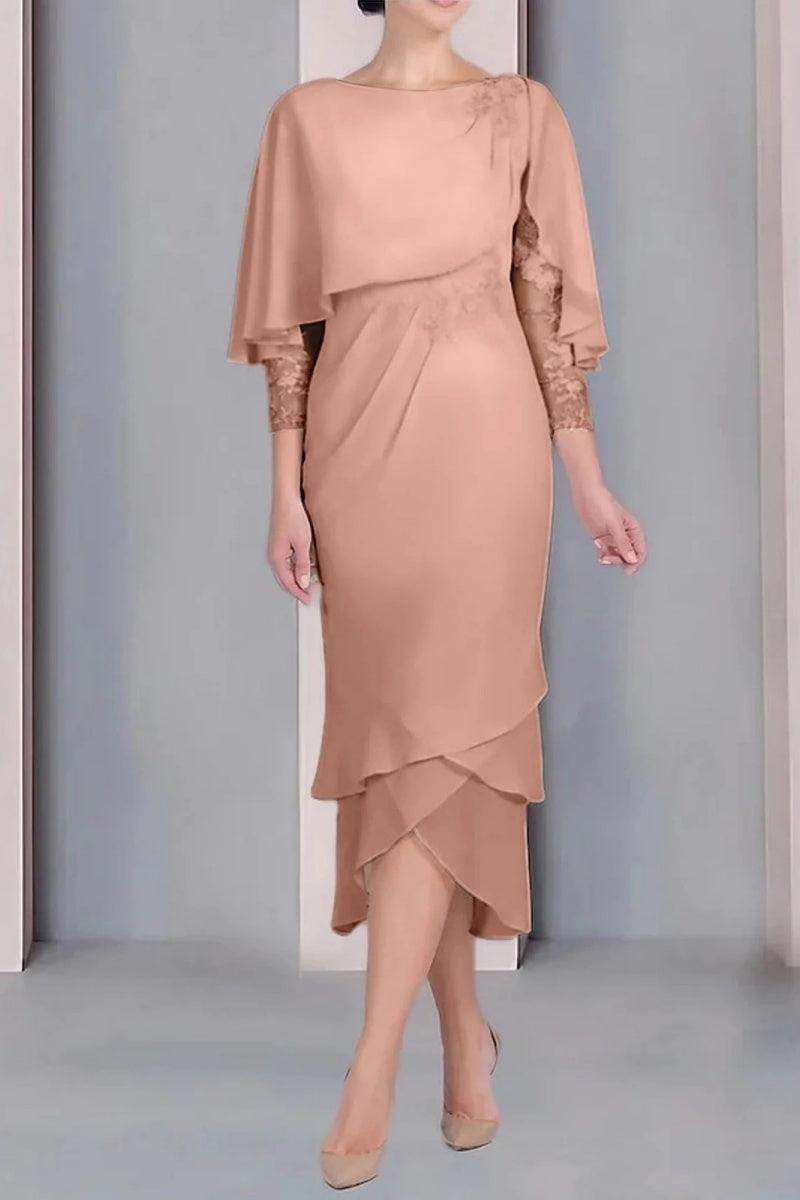 Sheath Column Scoop Short Sleeves Tea Length Mother Dresses CM0359 - COCOMELODY