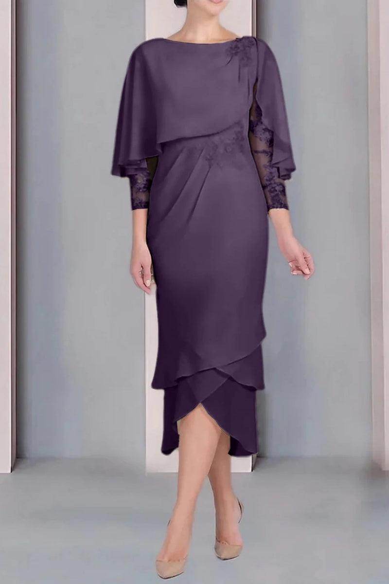 Sheath Column Scoop Short Sleeves Tea Length Mother Dresses CM0359 - COCOMELODY