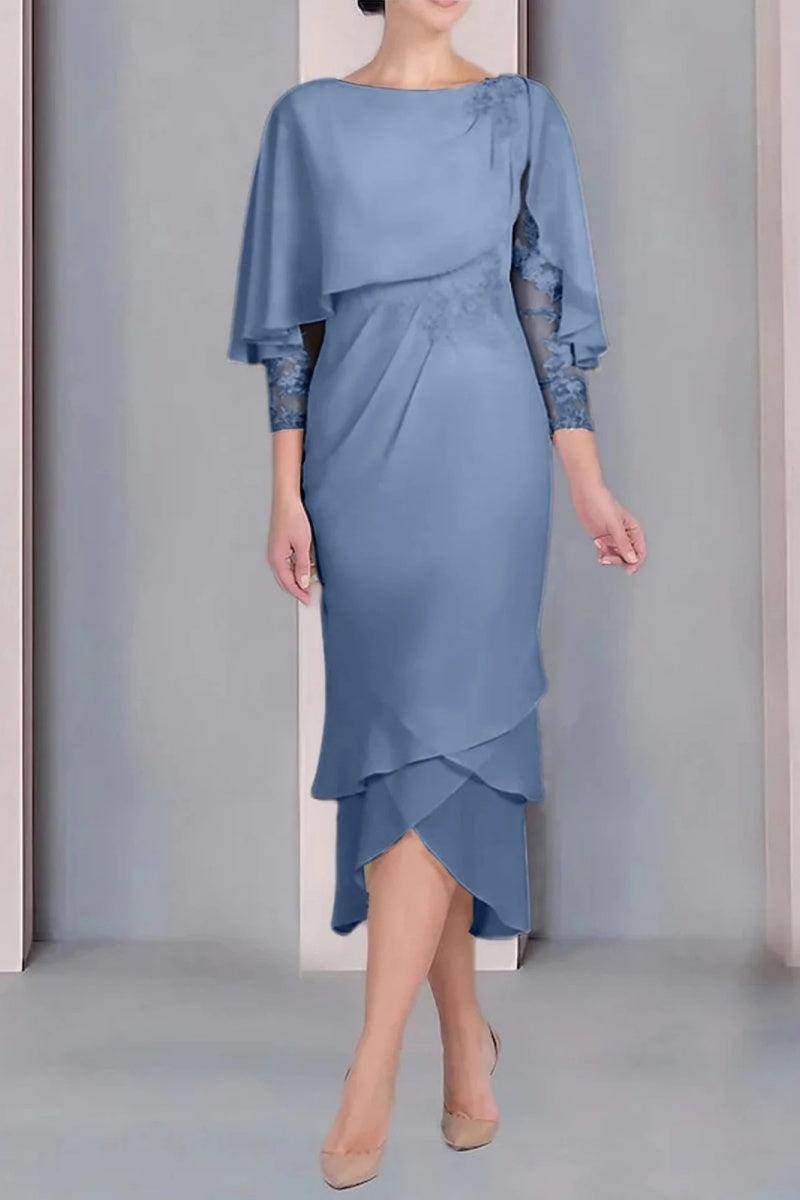 Sheath Column Scoop Short Sleeves Tea Length Mother Dresses CM0359 - COCOMELODY