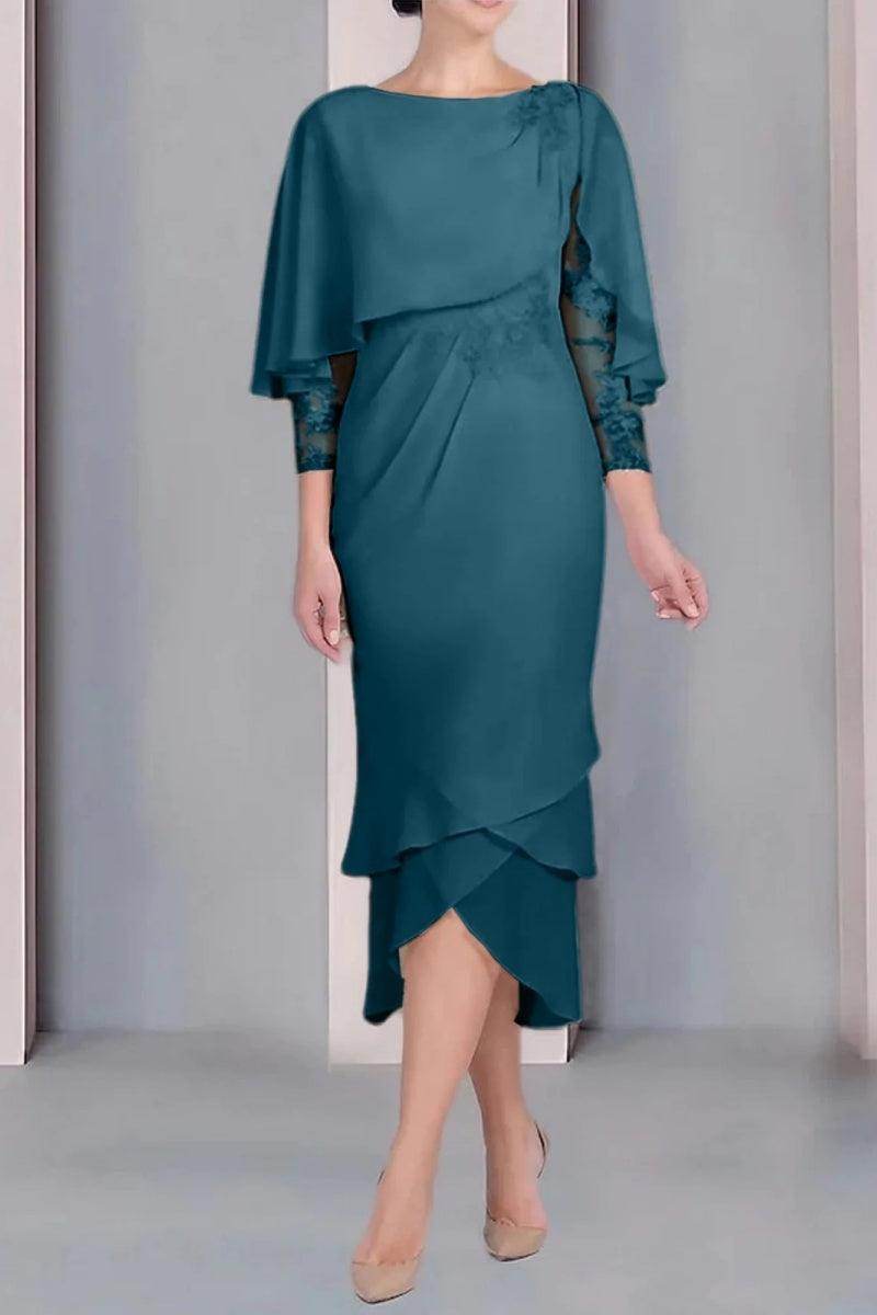 Sheath Column Scoop Short Sleeves Tea Length Mother Dresses CM0359 - COCOMELODY