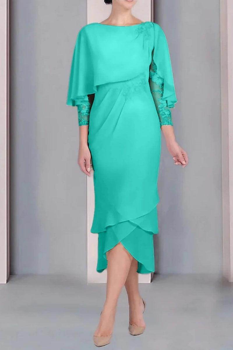Sheath Column Scoop Short Sleeves Tea Length Mother Dresses CM0359 - COCOMELODY
