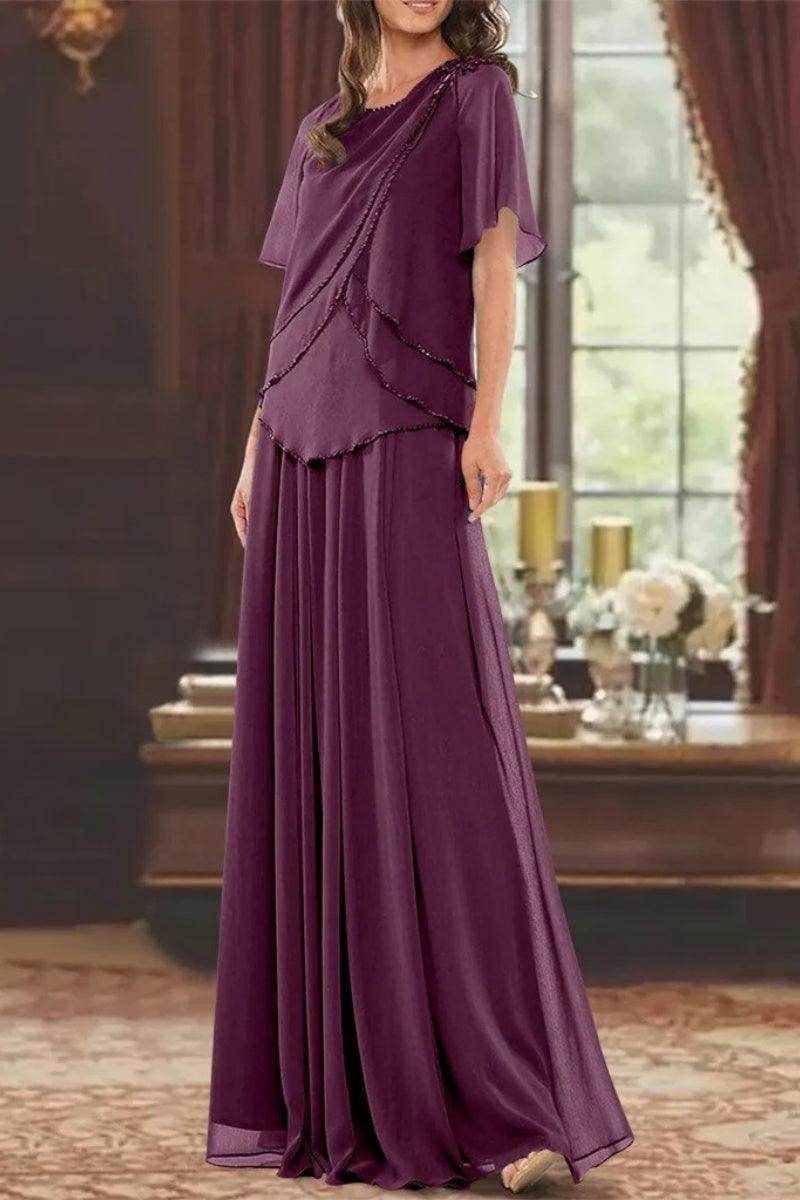 A Line Jewel Neck Short Sleeves Floor Length Mother Dress CM0363 - COCOMELODY