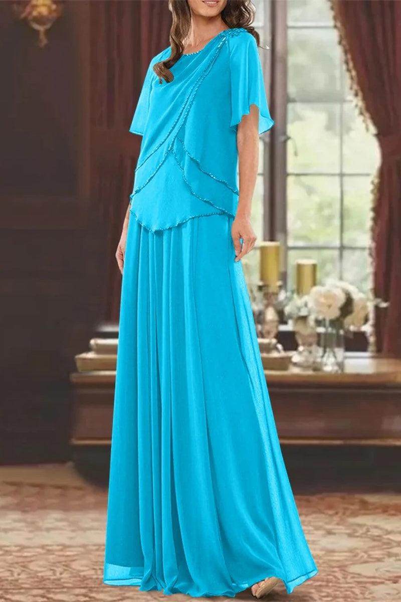 A Line Jewel Neck Short Sleeves Floor Length Mother Dress CM0363 - COCOMELODY