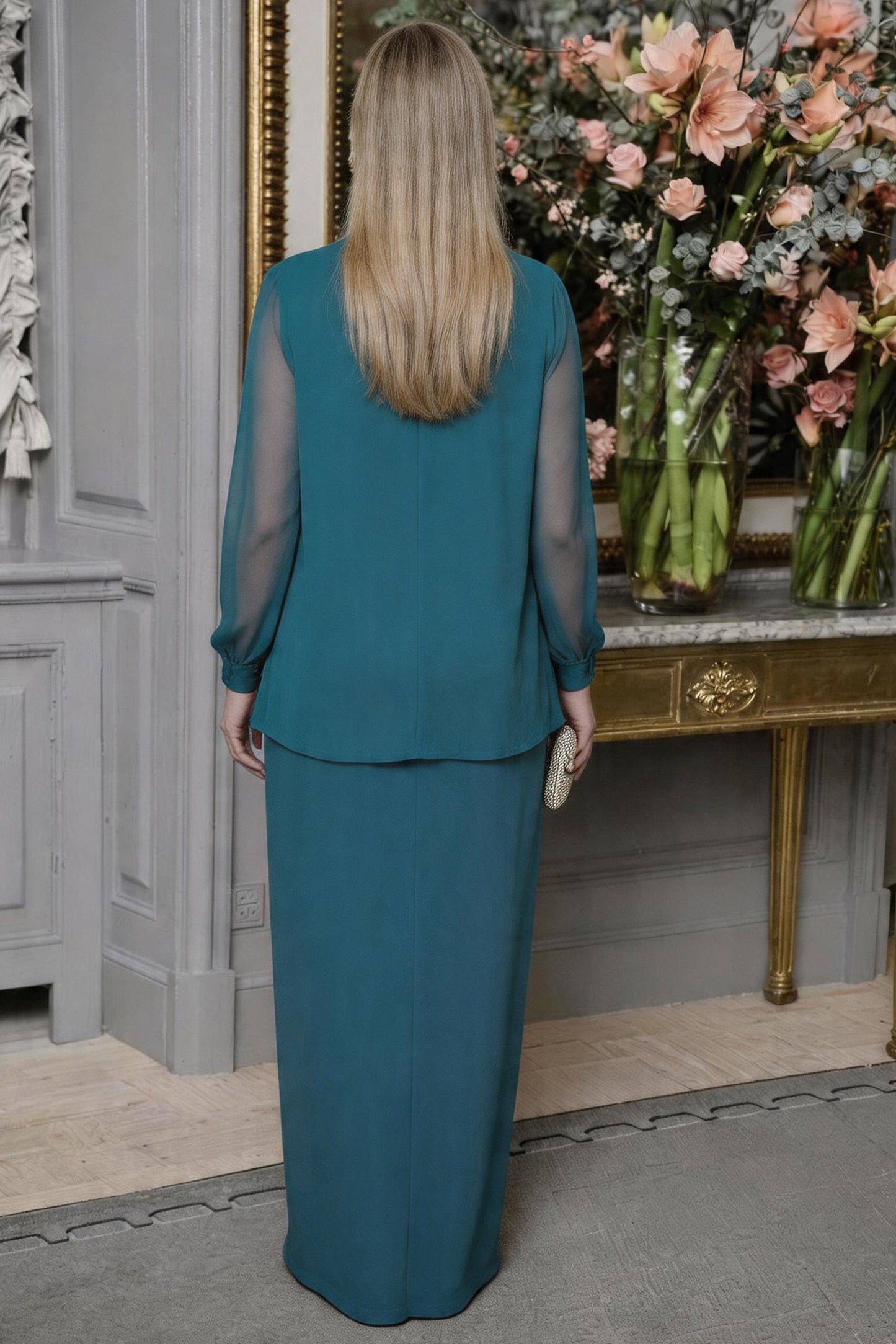 Sheath Scoop Neck Long Sleeves Floor Length Mother Dresses CM0365CR