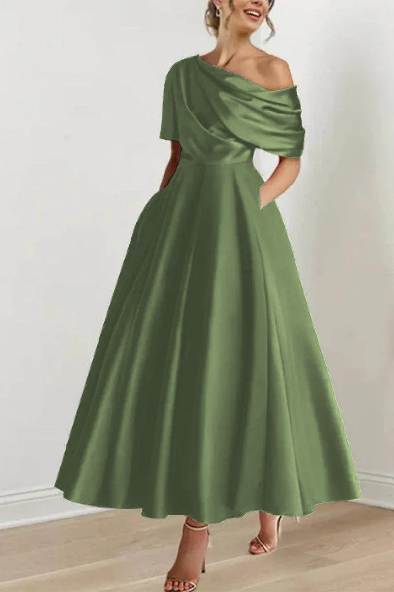 Satin Mother of the Bride Dresses A Line Ankle Length One Shoulder Formal Gown COCOMELODY CM0366, M-Olive Green