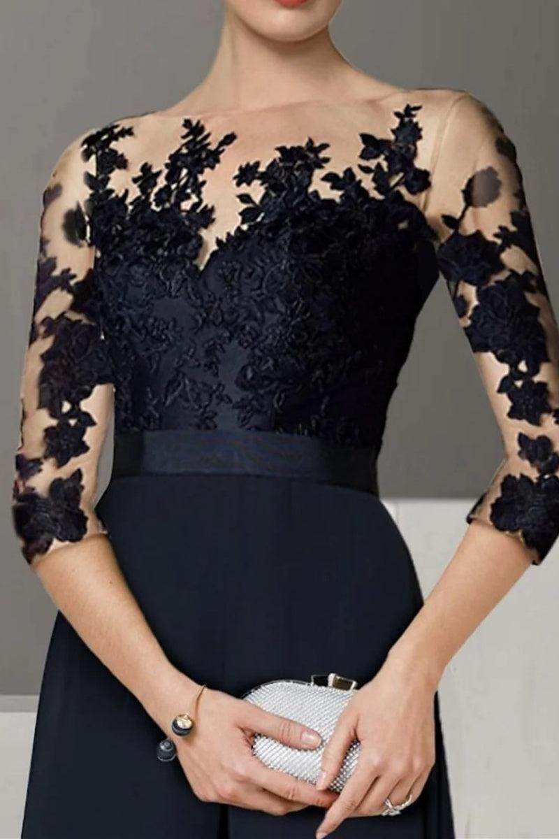 A Line Jewel Neck 3/4 Length Sleeves Floor Length Mother Dresses CM0375 - COCOMELODY