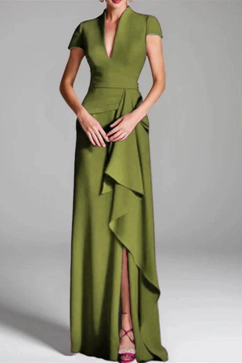 Sheath Column V Neck Short Sleeves Floor Length Mother Dresses CM0377 - M-Olive Green - COCOMELODY