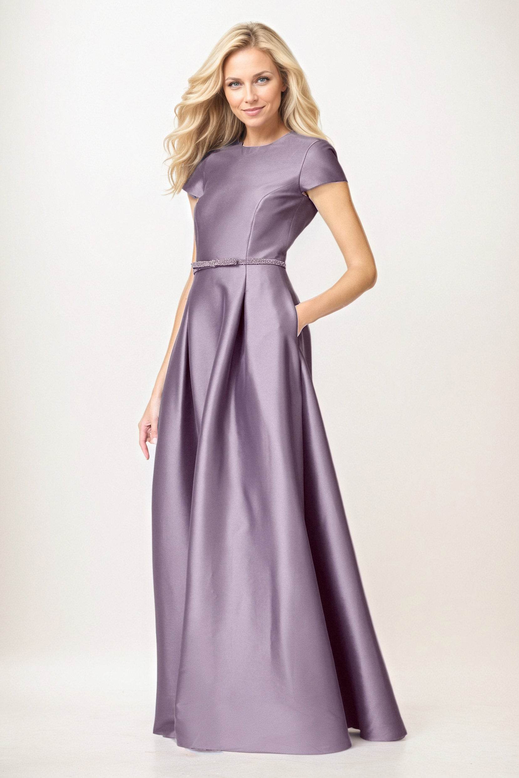 A-Line Maxi Satin Mother of the Bride Dresses Round Neck Short Sleeve Formal Gown COCOMELODY CM0400, Champagne A-Line Maxi Satin Mother of the Bride Dresses Round Neck Short Sleeve Formal Gown COCOMELODY CM0400, Champagne