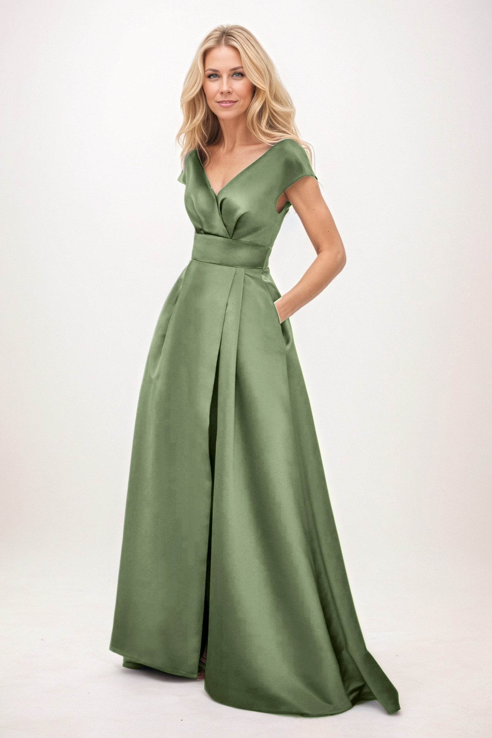 A-Line Maxi Satin Elegant Mother of Bride Dress with Pockets Short Sleeve Formal Gown COCOMELODY CM0408CR A-Line Maxi Satin Elegant Mother of Bride Dress with Pockets Short Sleeve Formal Gown COCOMELODY CM0408CR