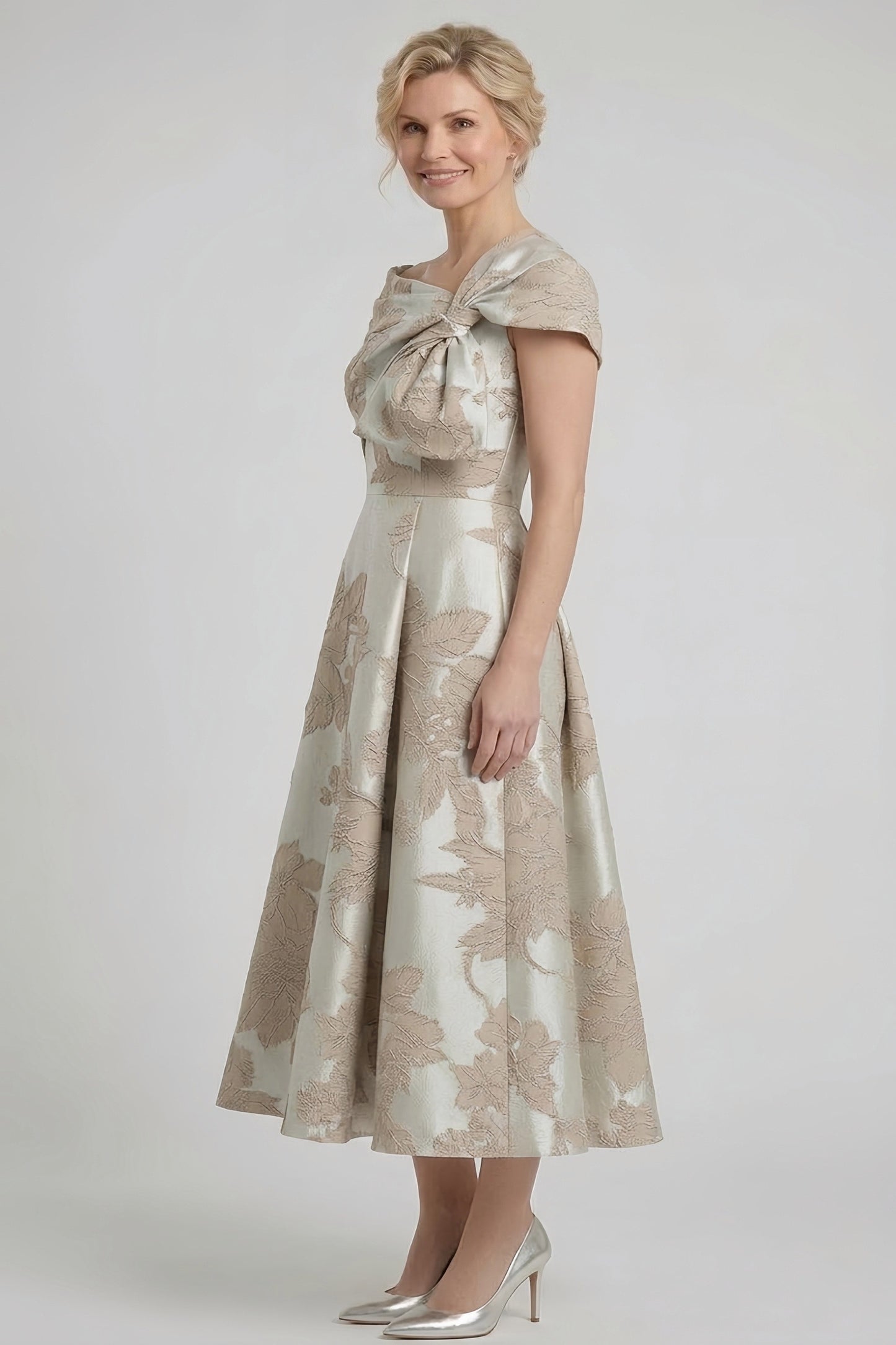 A-Line Tea Length Jacquard Mother of the Bride Dress CM0413CR