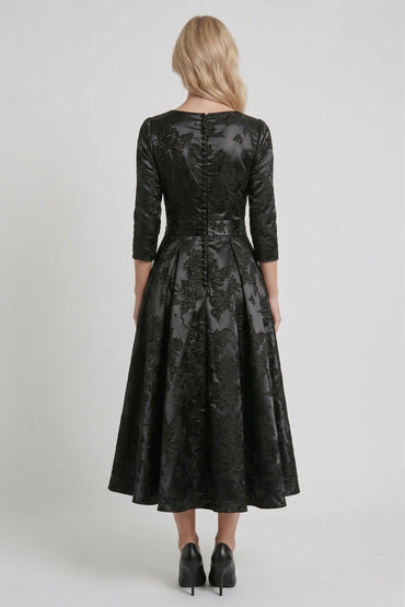 A-Line Tea-Length Jacquard Mother of the Bride Dress CM0415 - Black Floral - COCOMELODY