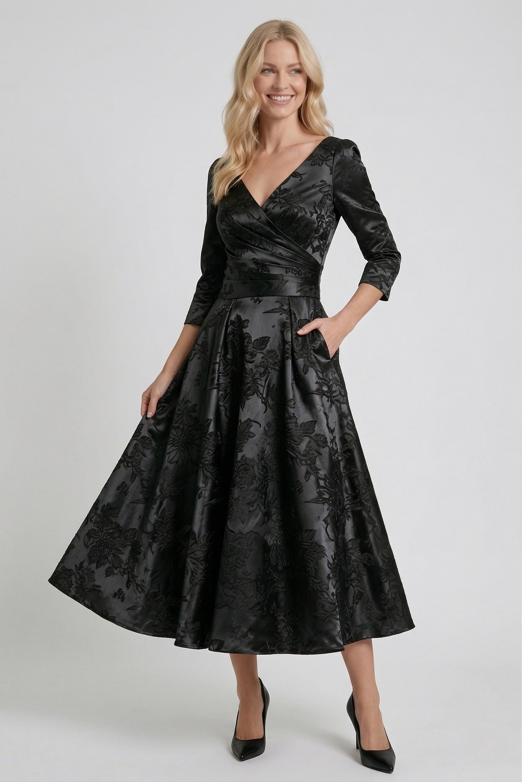 A-Line Tea-Length Jacquard Wedding Guest Mother of the Bride Dress COCOMELODY CM0415, Black/Gold Floral A-Line Tea-Length Jacquard Wedding Guest Mother of the Bride Dress COCOMELODY CM0415, Black/Gold Floral