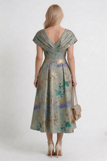 A-Line Tea-Length Jacquard Mother of the Bride Dress CM0417 - Light Blue Floral - COCOMELODY