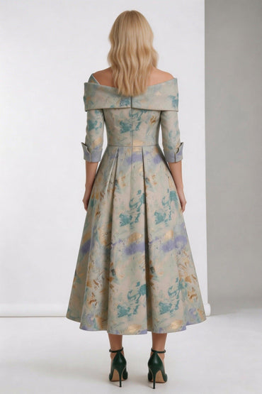 A-Line Tea-Length Jacquard Mother of the Bride Dress CM0418 - Light Blue Floral - COCOMELODY