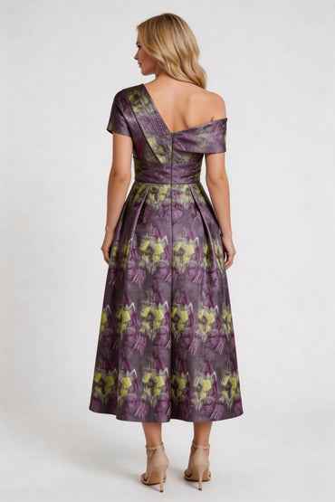 A-Line Tea-Length Jacquard Mother of the Bride Dress CM0421 - Hot Fuchsia Floral - COCOMELODY