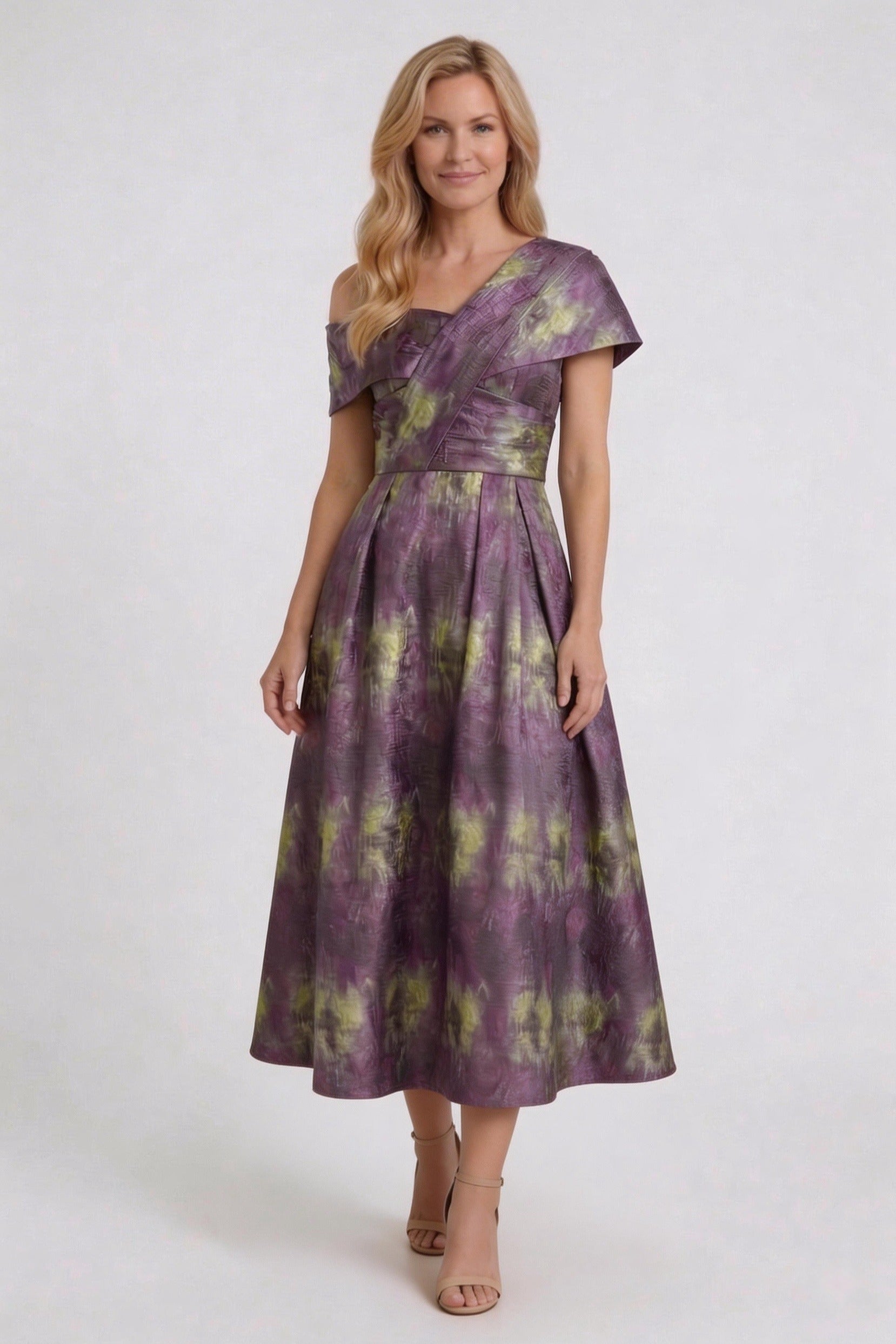 A-Line Tea-Length Jacquard Wedding Guest Mother of the Bride Dress COCOMELODY CM0421, Coral Floral
